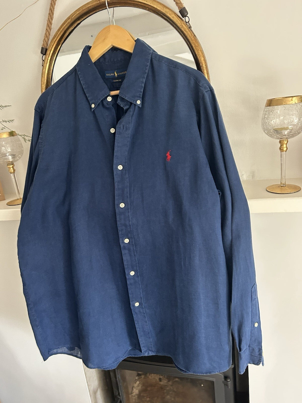 Ralph Lauren 100% Linen Navy Long-Sleeved Shirt, Size XL