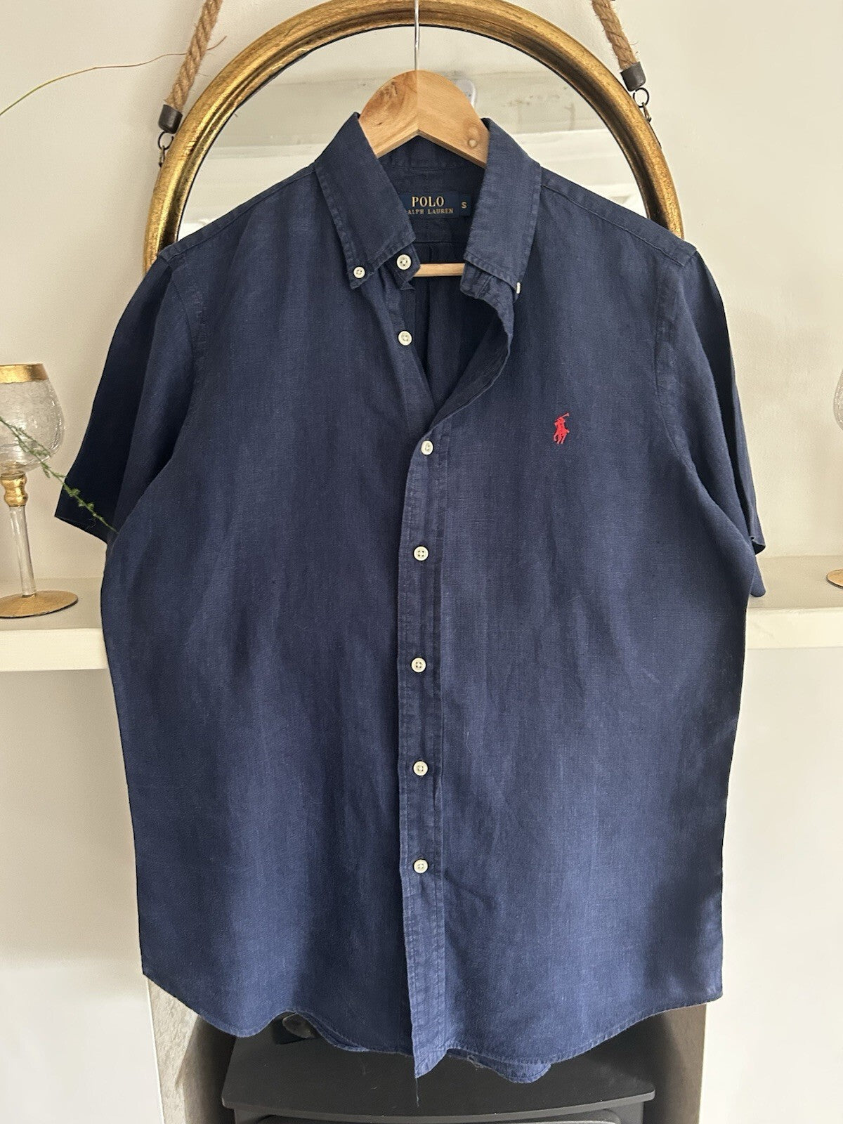 Ralph Lauren 100% Linen Solid Navy Short-Sleeved Shirt, Size S