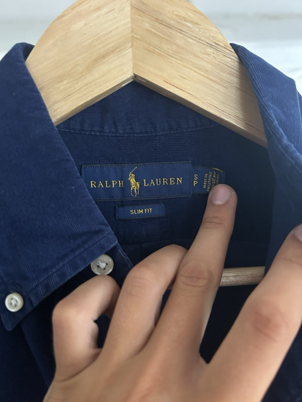 Ralph Lauren Navy Corduroy Long-Sleeved Shirt, Size S - Slim Fit