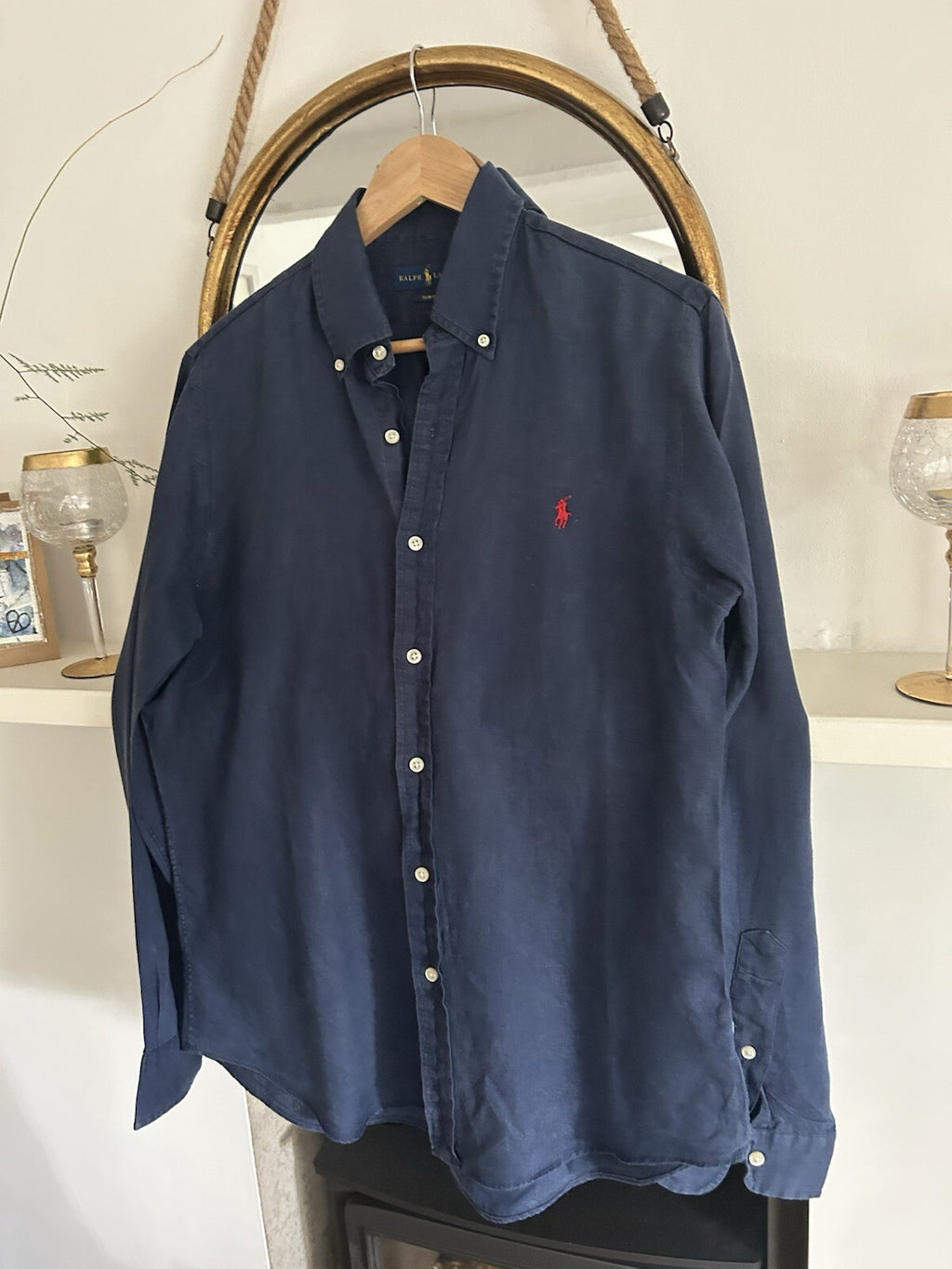 Ralph Lauren 100% Linen Navy Long-Sleeved Shirt, Size M- Slim Fit