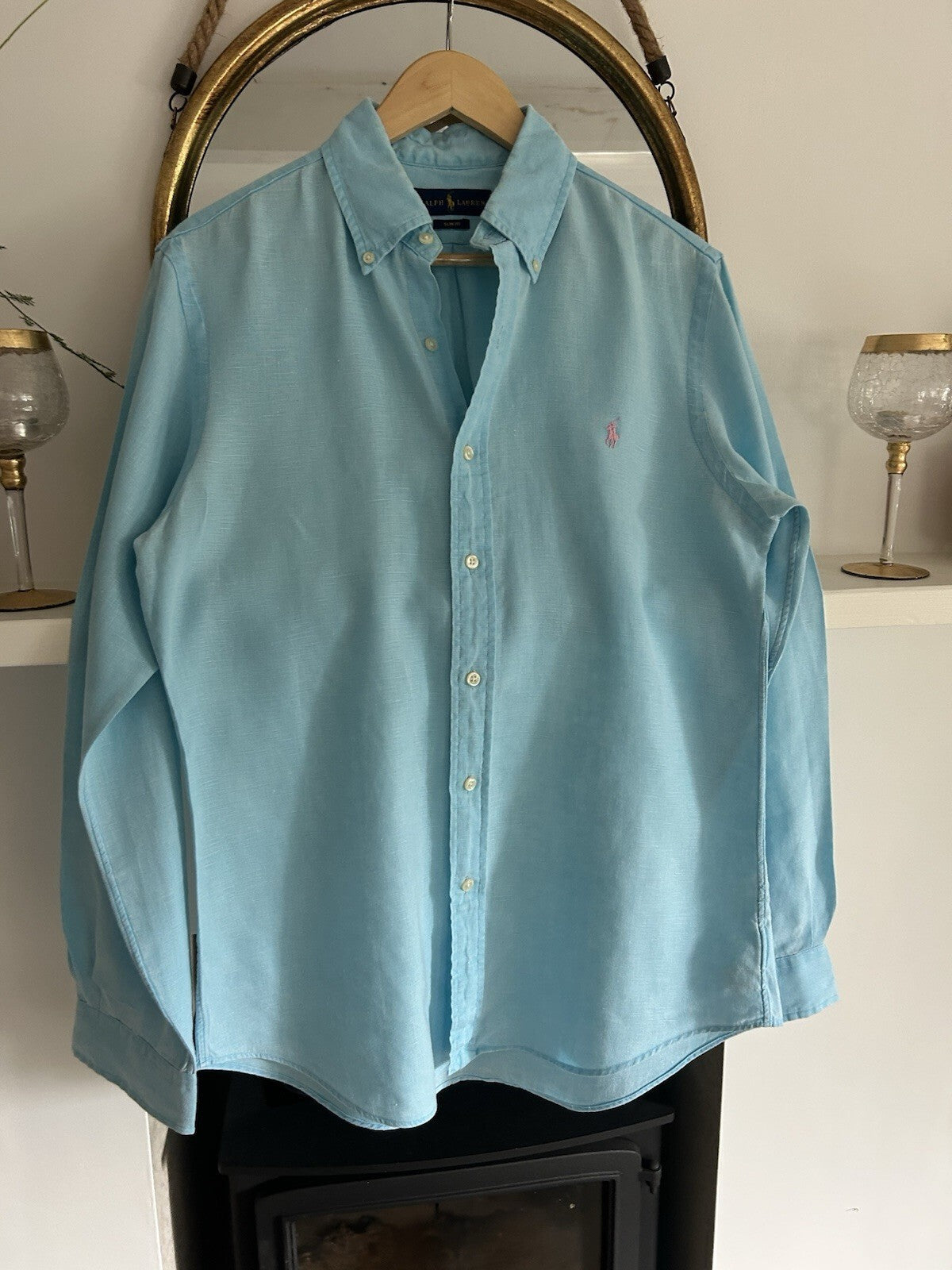 Ralph Lauren 100% Linen Light Blue Long-Sleeved Shirt, Size M - Slim Fit