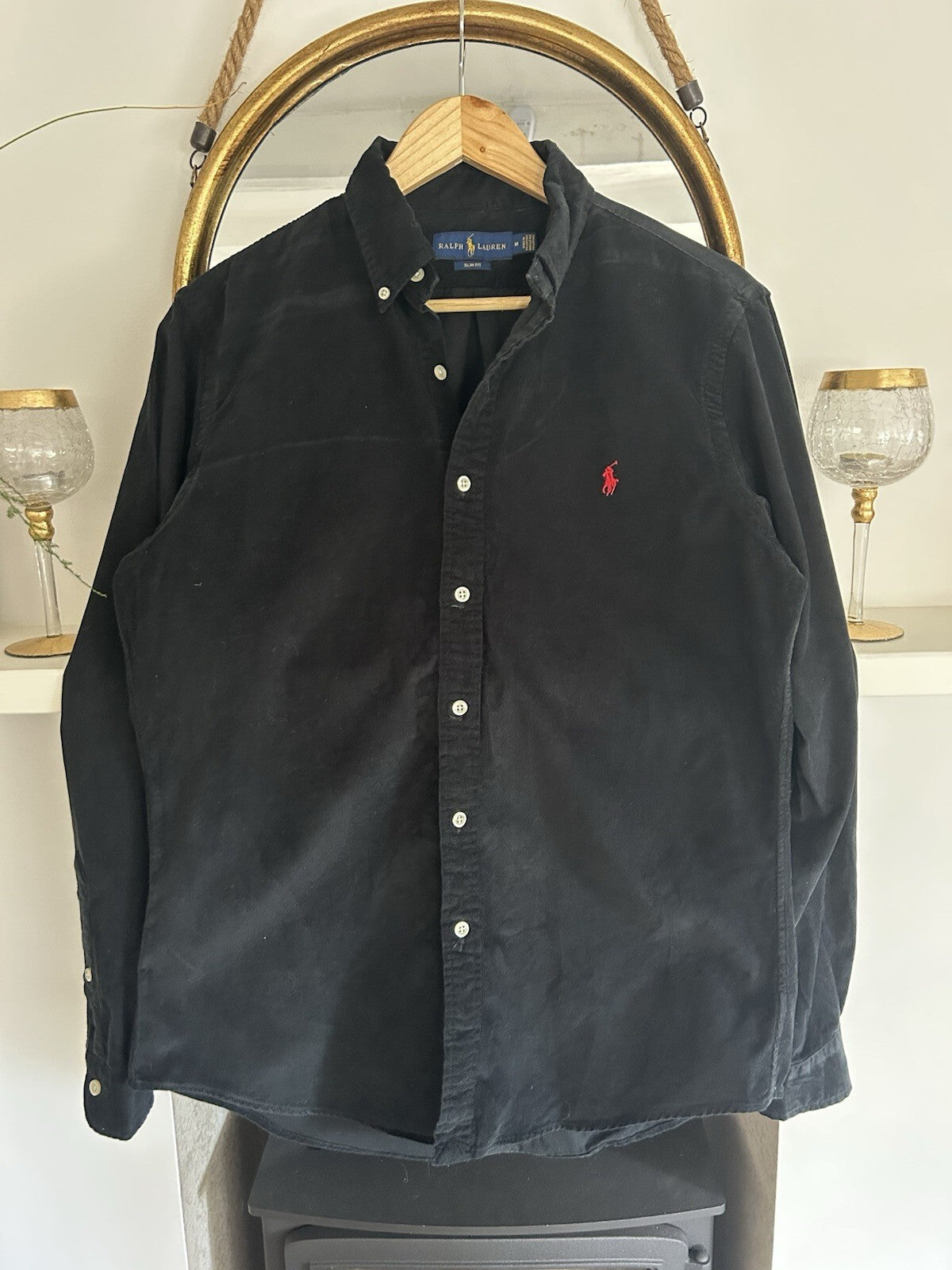 Ralph Lauren Solid Black Corduroy 100% Cotton Shirt, Size M - Slim Fit