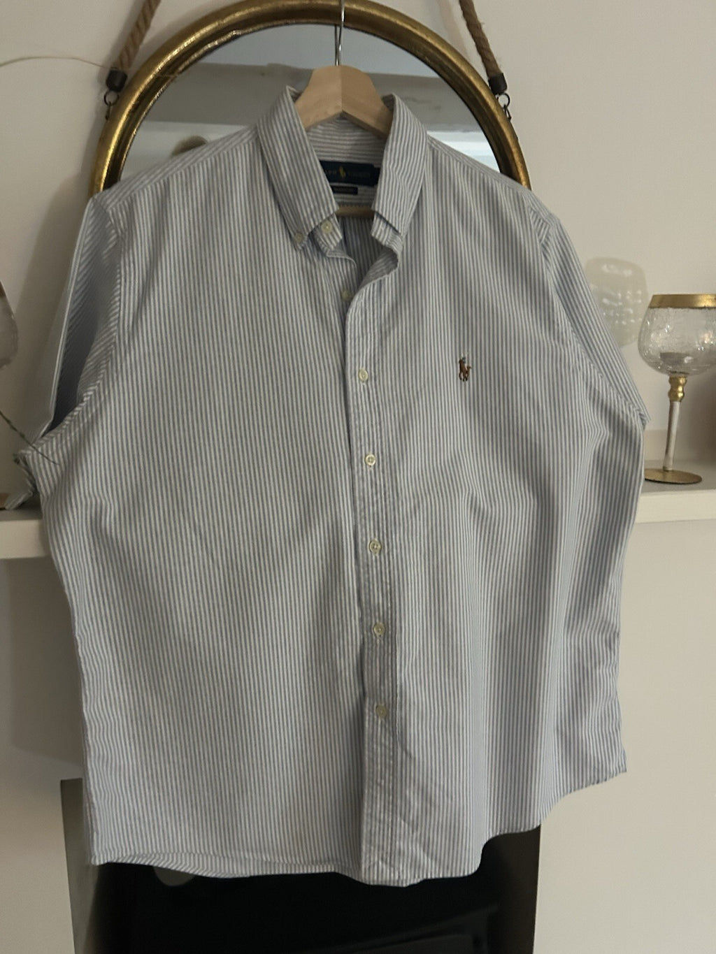 Ralph Lauren Light Blue And White Pin-Striped Short-Sleeved Shirt, Size L