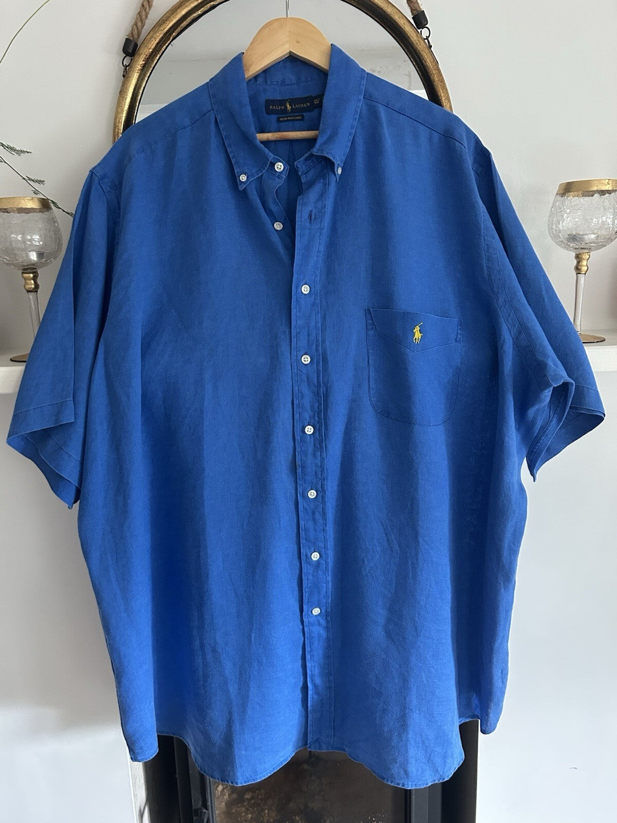 Ralph Lauren 100% Linen Solid Blue Short-Sleeved Shirt, Size 2XL Tall