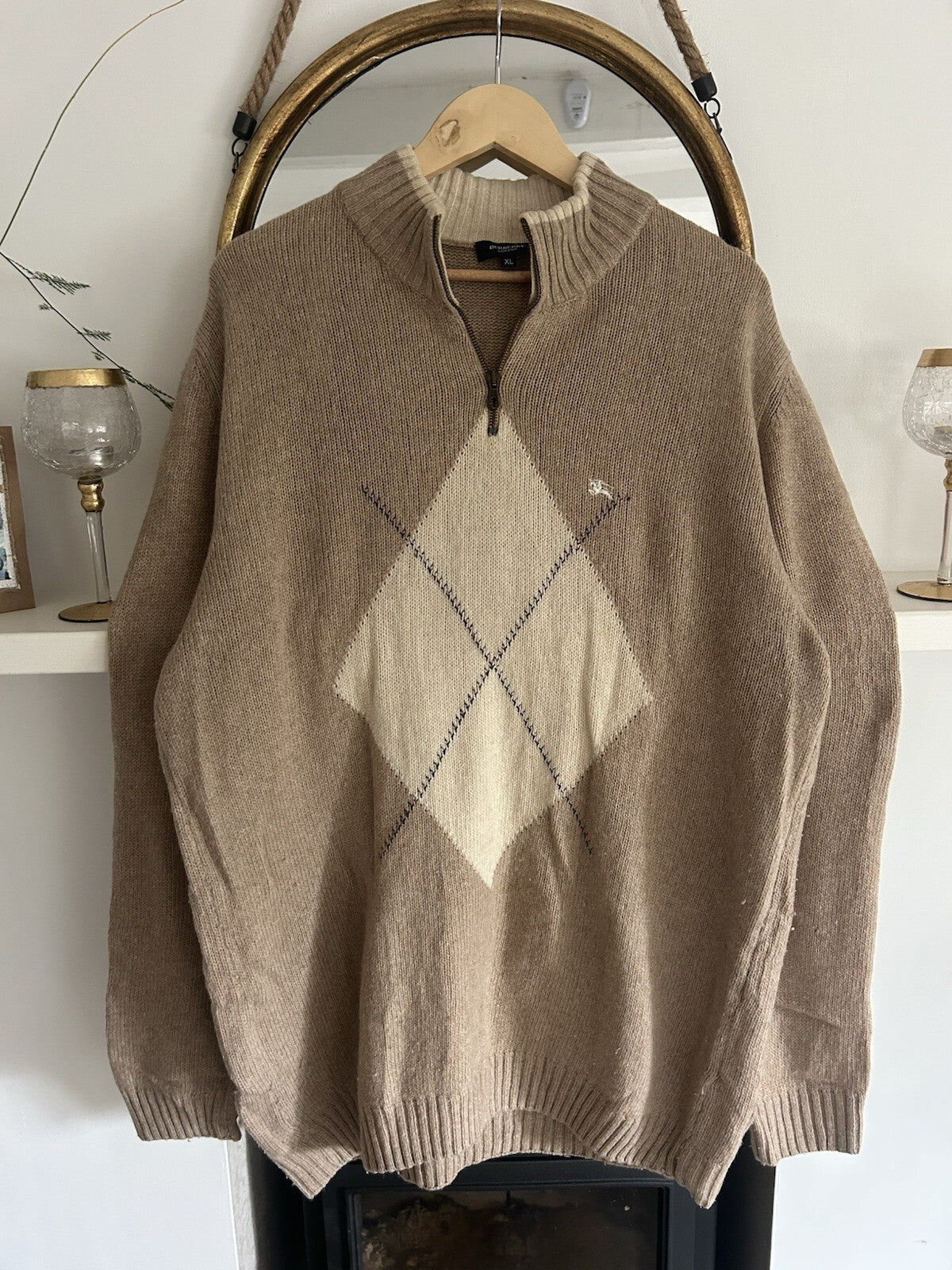 Burberry London Mens XL Beige Wool Argyle Quarter Zip Jumper Made in Italy