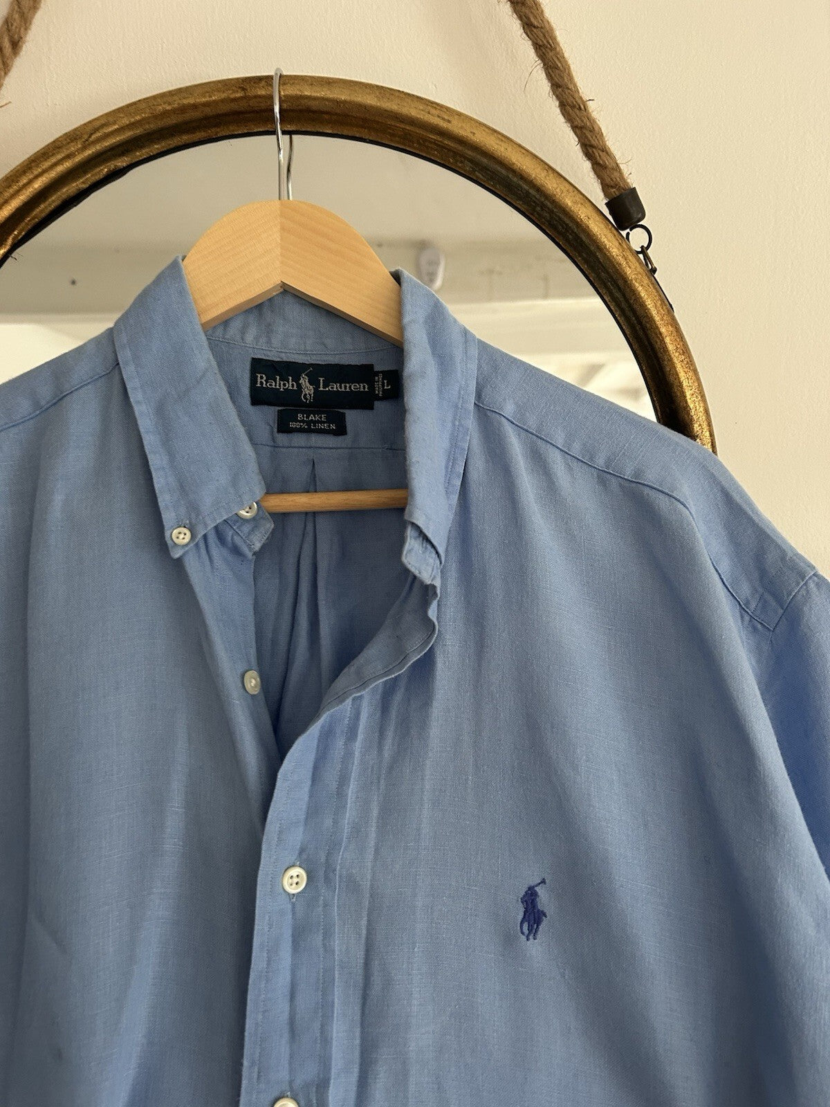 Ralph Lauren 100% Linen Light Blue Short-Sleeved Shirt, Size L - Blake Fit