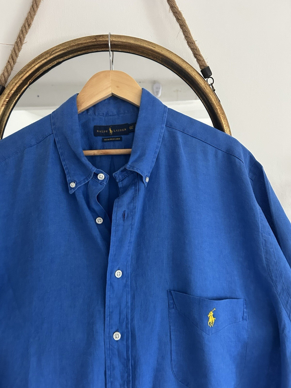 Ralph Lauren 100% Linen Solid Blue Short-Sleeved Shirt, Size 2XL Tall