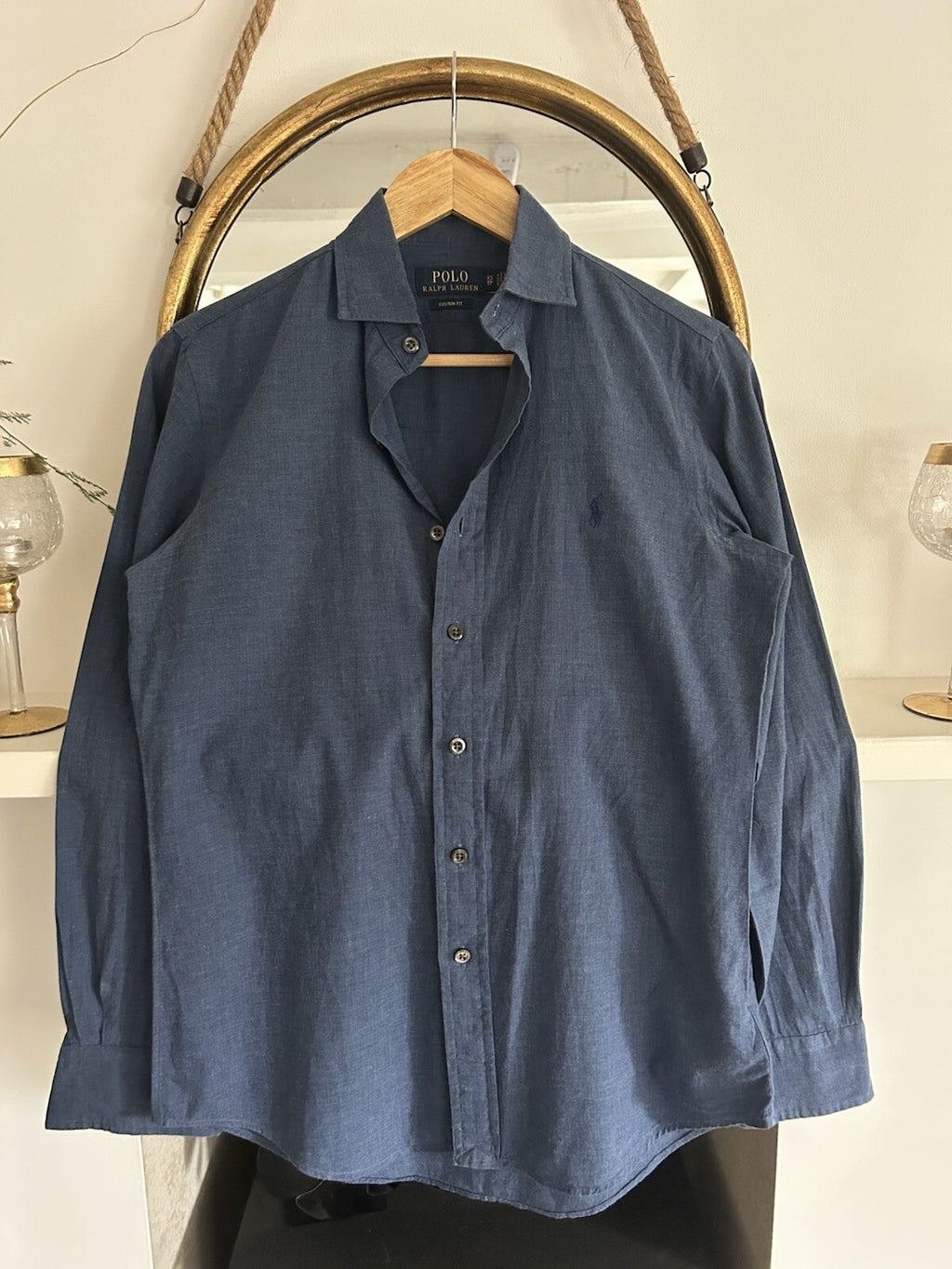 Polo Ralph Lauren Mens XS Blue Heathered Twill Shirt Mother of Pearl Custom Fit