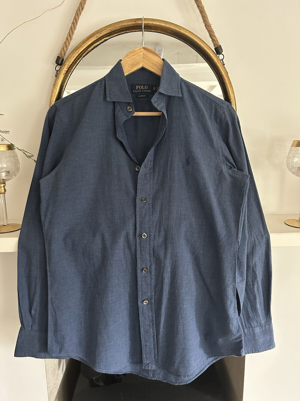 Polo Ralph Lauren Mens XS Blue Heathered Twill Shirt Mother of Pearl Custom Fit