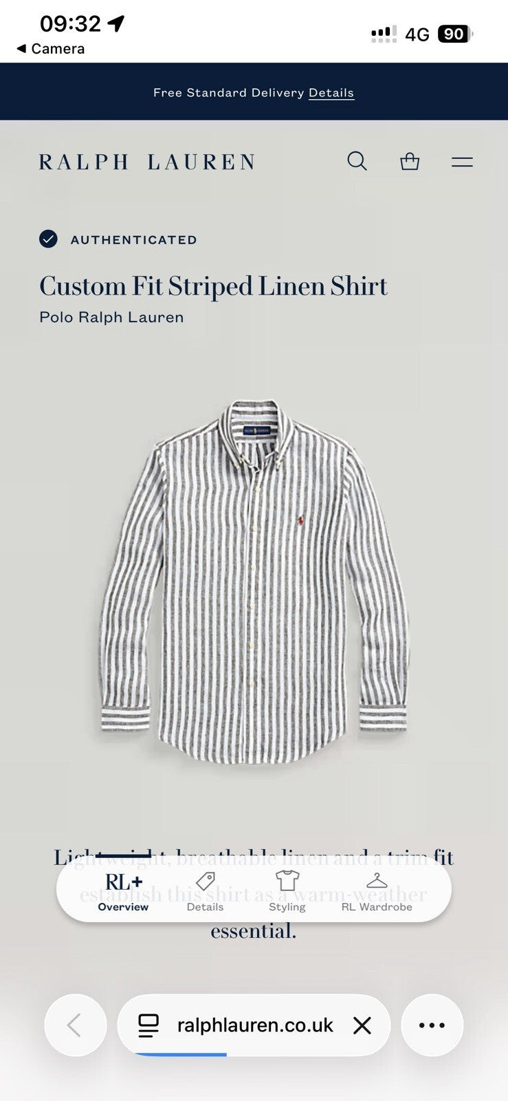 Ralph Lauren 100% Linen Black And White Striped Long-Sleeved Shirt, Size M