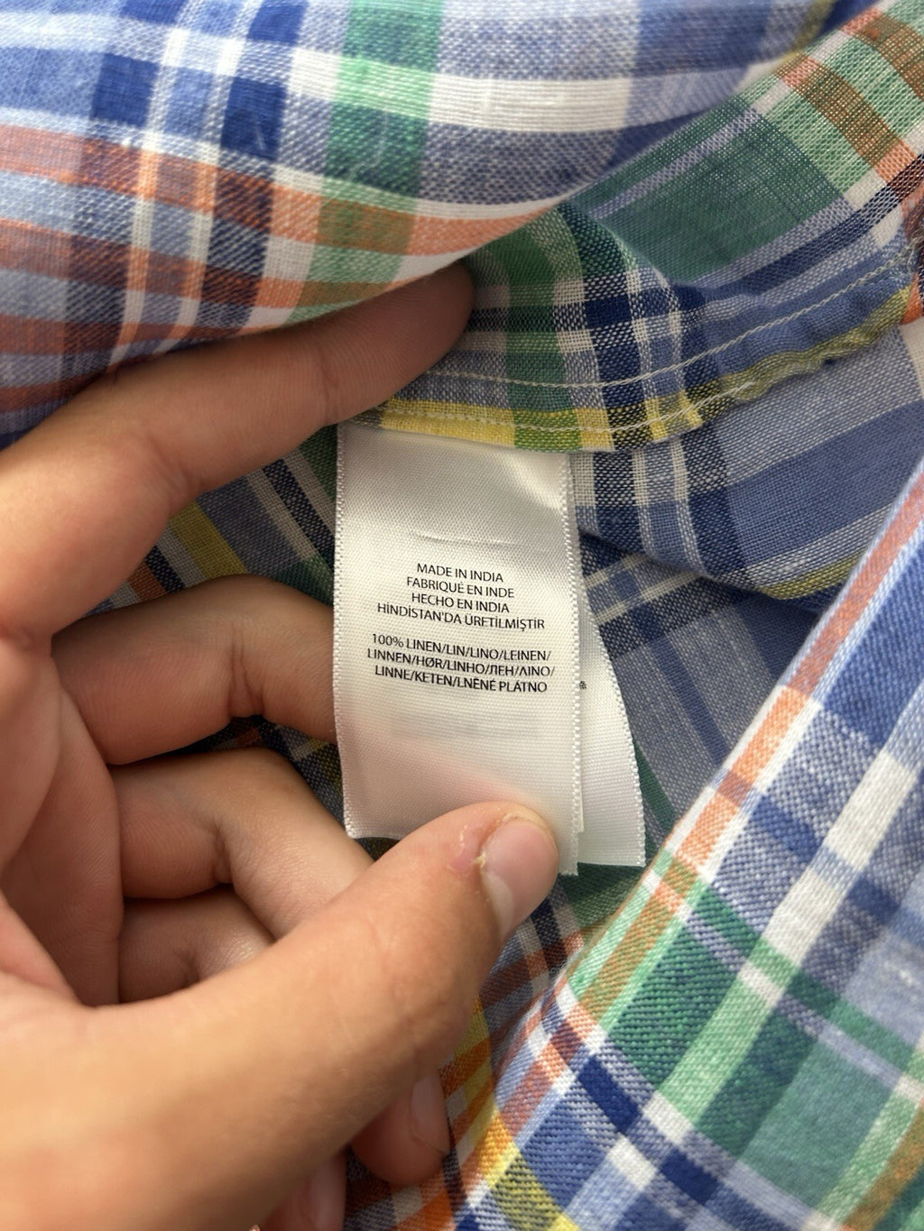Ralph Lauren 100% Linen Blue Check Enclosed Pocket Long-Sleeved Shirt, Size L