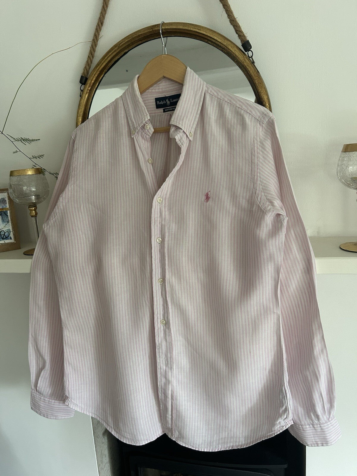Ralph Lauren 100% Linen Pink And White Striped Long-Sleeved Shirt, Size M