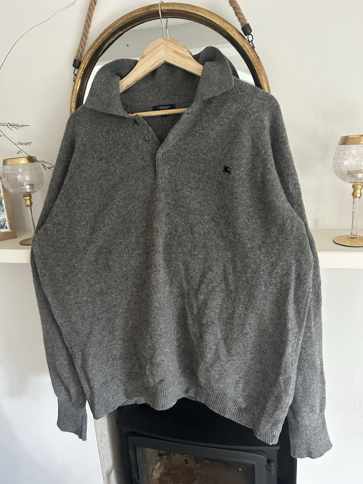 Burberry London Mens XL Grey 100% Lambswool Polo Jumper Made in Italy Equestrian