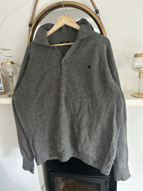 Burberry London Mens XL Grey 100% Lambswool Polo Jumper Made in Italy Equestrian