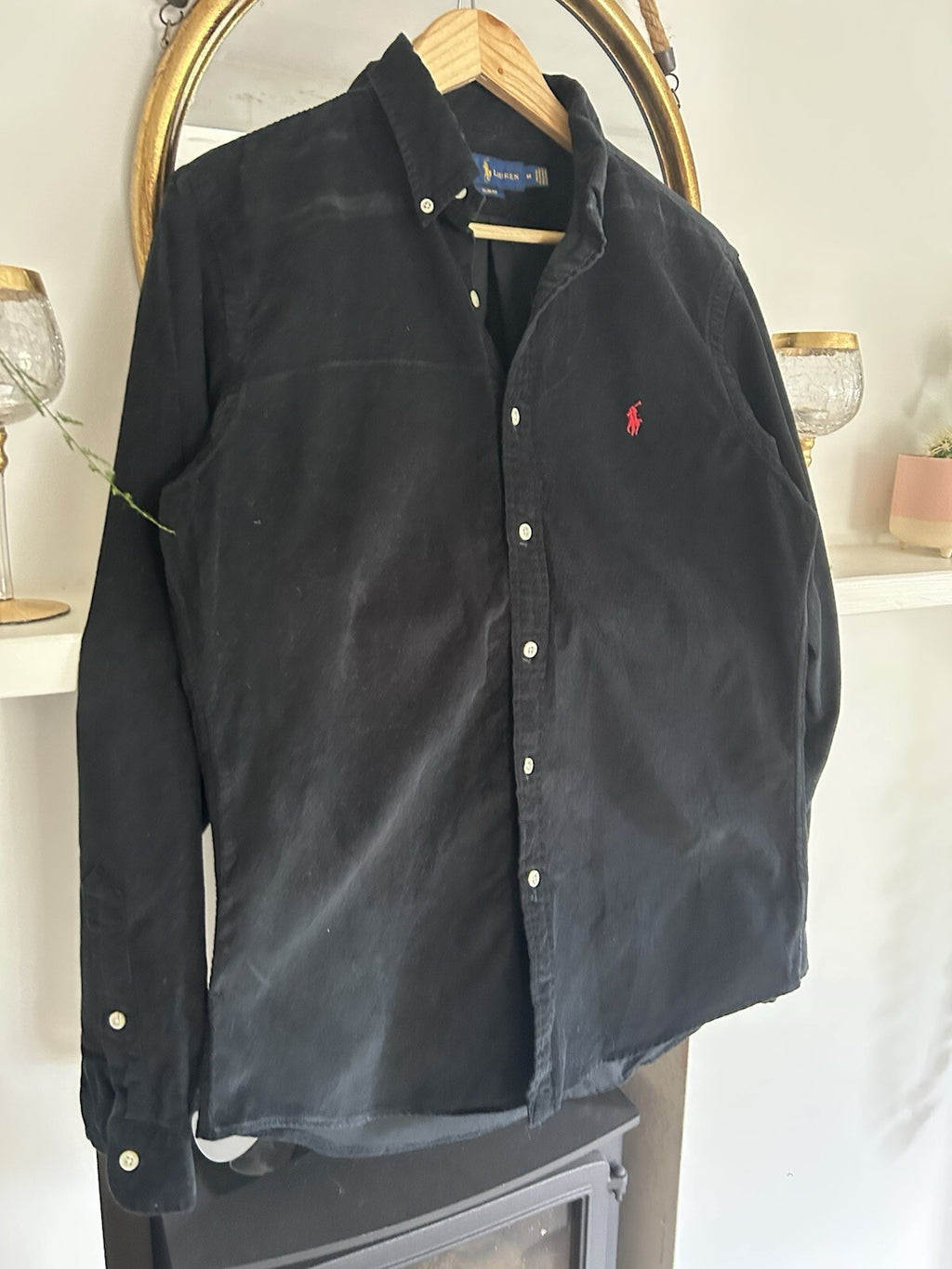 Ralph Lauren Solid Black Corduroy 100% Cotton Shirt, Size M - Slim Fit