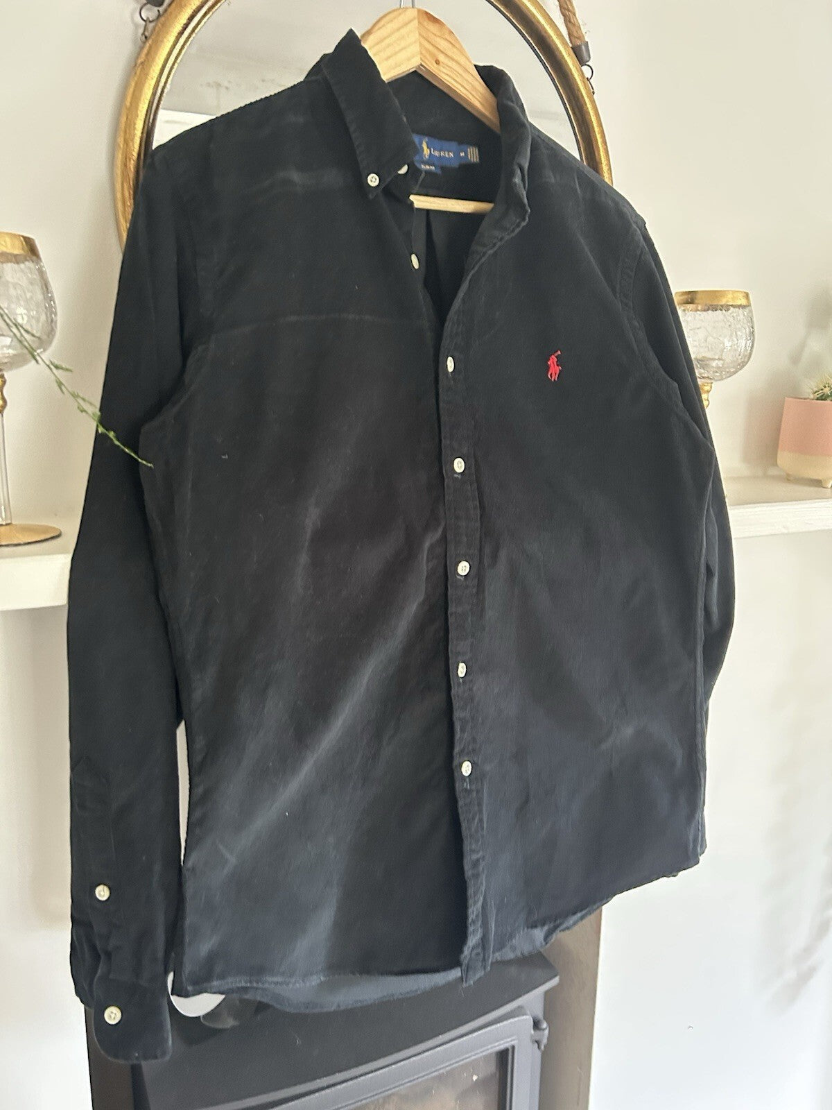Ralph Lauren Solid Black Corduroy 100% Cotton Shirt, Size M - Slim Fit