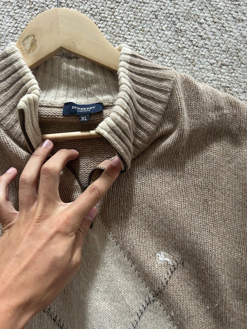 Burberry London Mens XL Beige Wool Argyle Quarter Zip Jumper Made in Italy