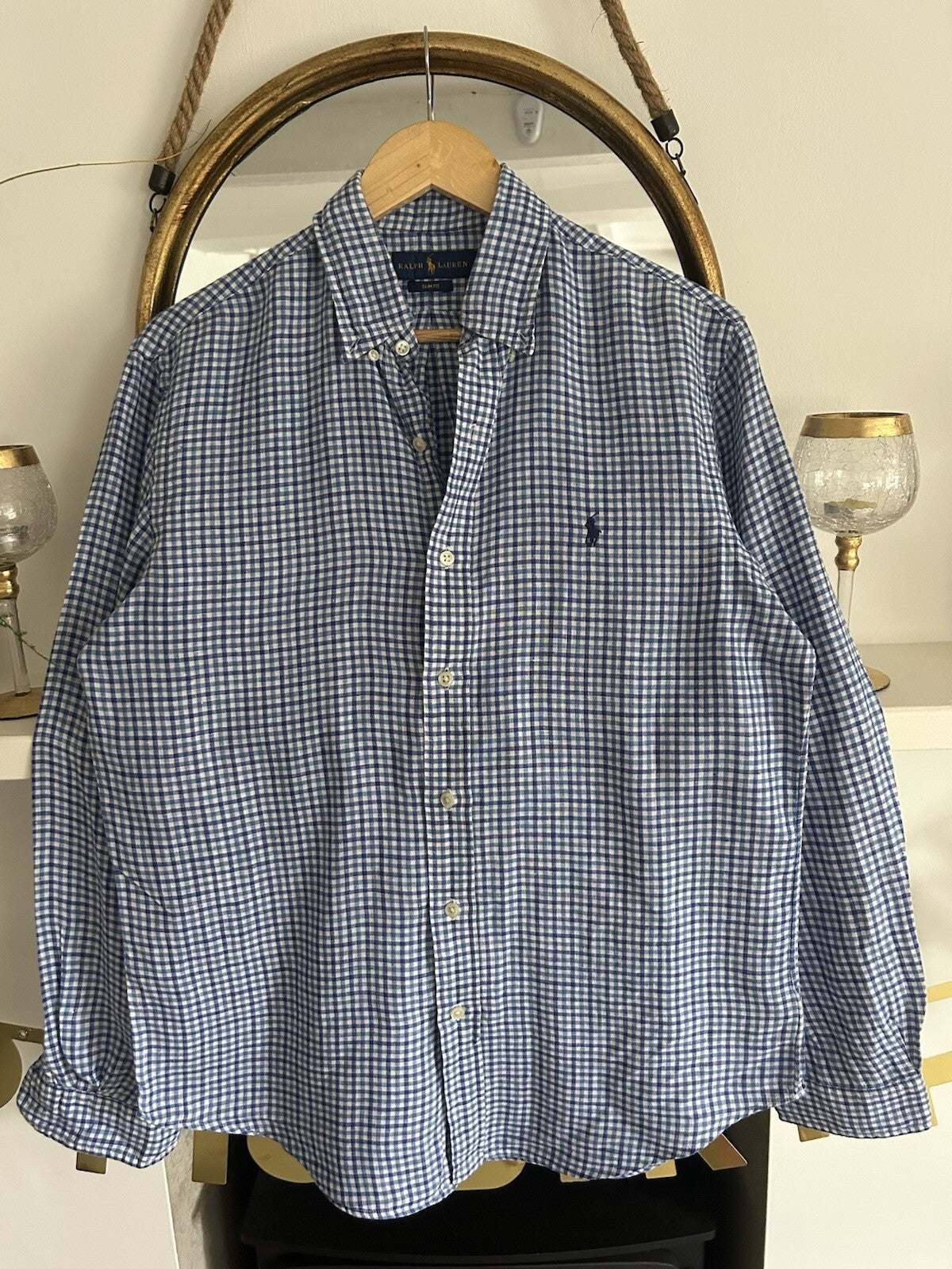 Ralph Lauren 100% Linen Navy And White Check Long-Sleeved Shirt, Size M-Slim Fit