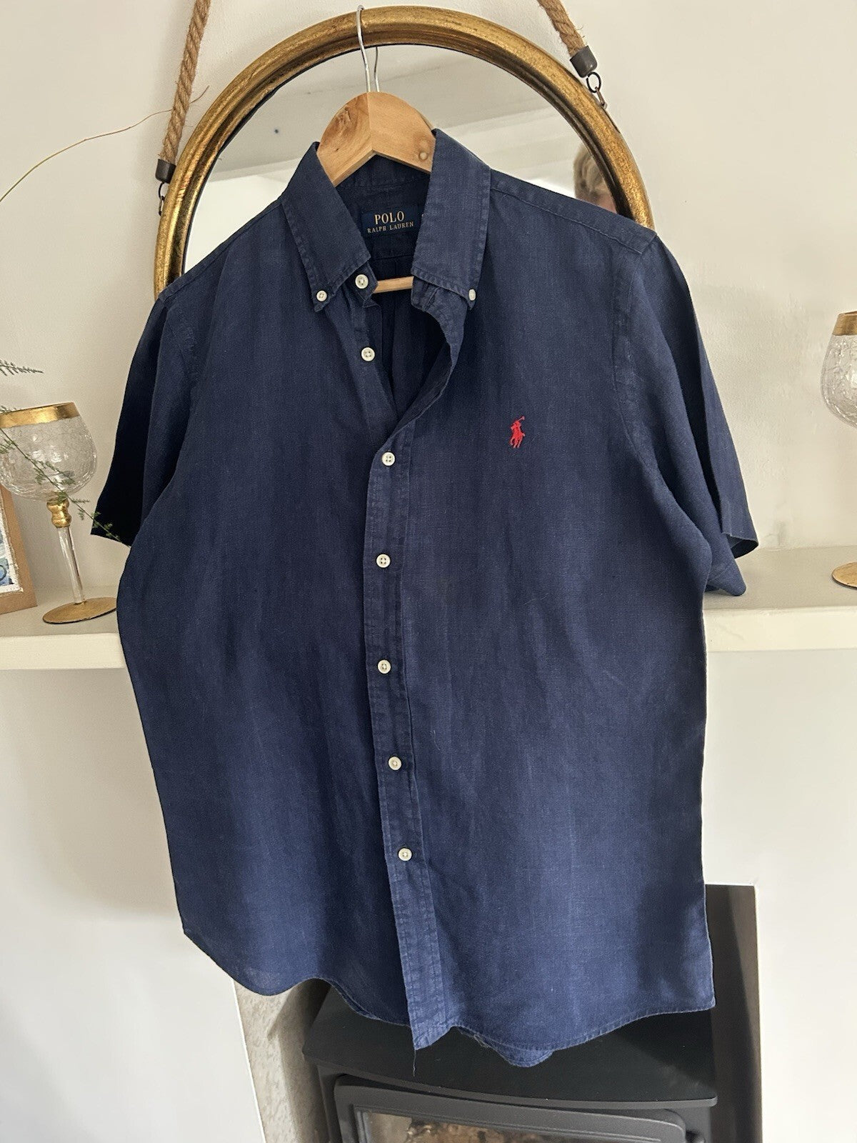 Ralph Lauren 100% Linen Solid Navy Short-Sleeved Shirt, Size S