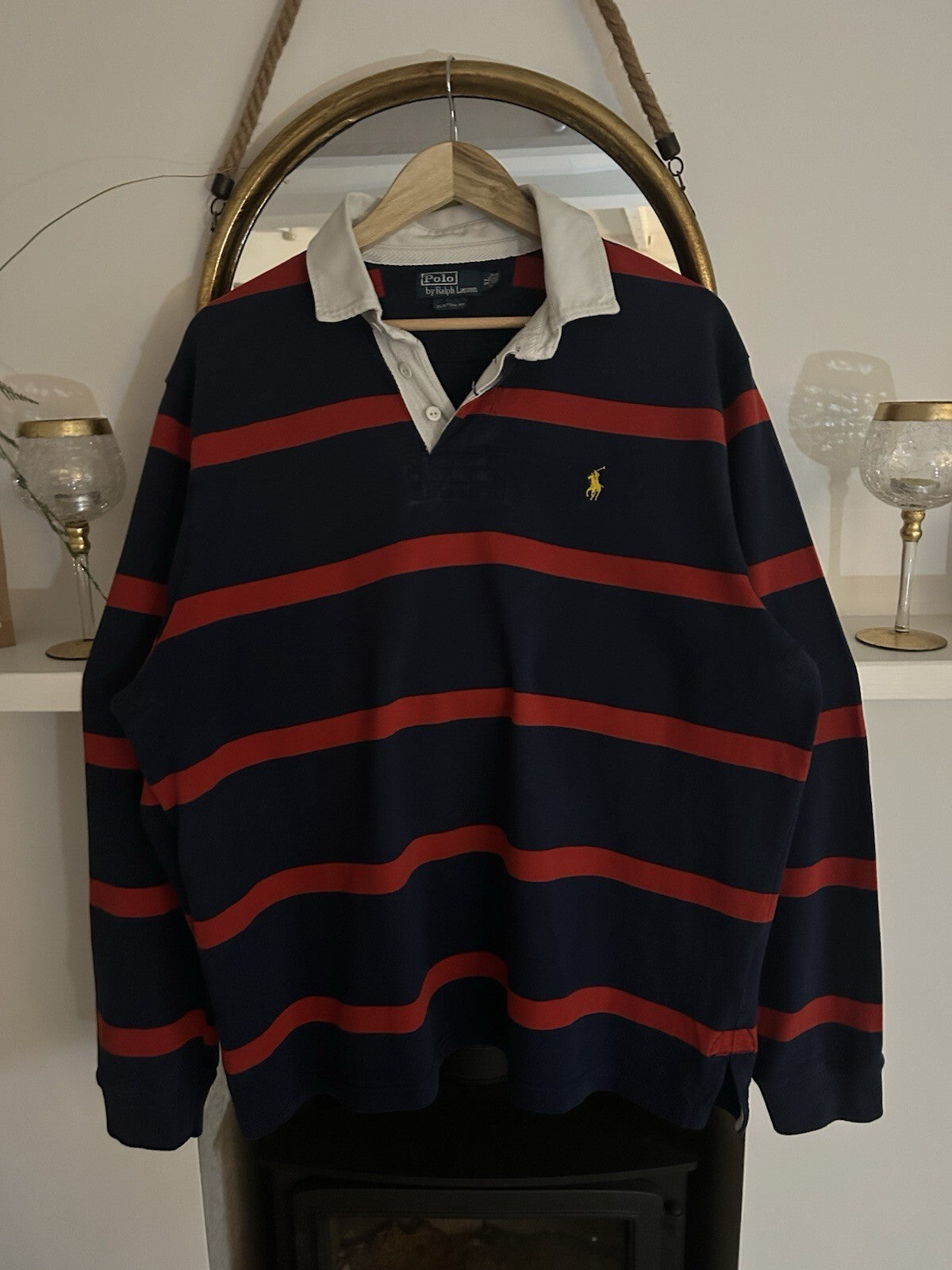 Ralph Lauren Navy And Red Striped, Yellow Embroidered Rugby Shirt, Size XL