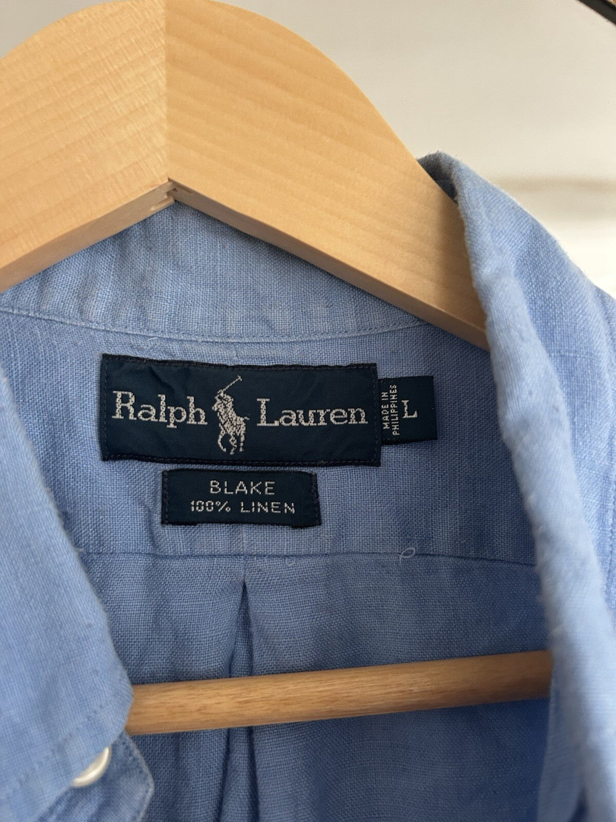 Ralph Lauren 100% Linen Light Blue Short-Sleeved Shirt, Size L - Blake Fit