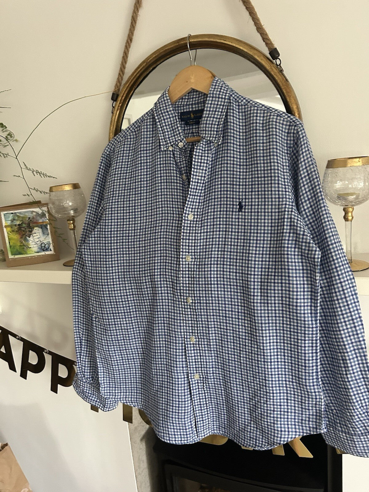 Ralph Lauren 100% Linen Navy And White Check Long-Sleeved Shirt, Size M-Slim Fit