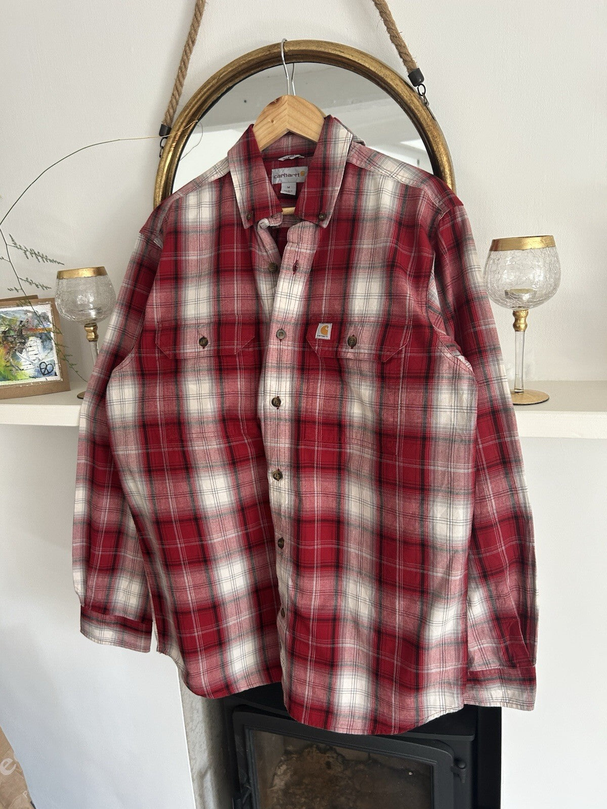 Carhartt Red And White Checked Heavyweight Cotton Shirt, Size M - Relaxed Fit
