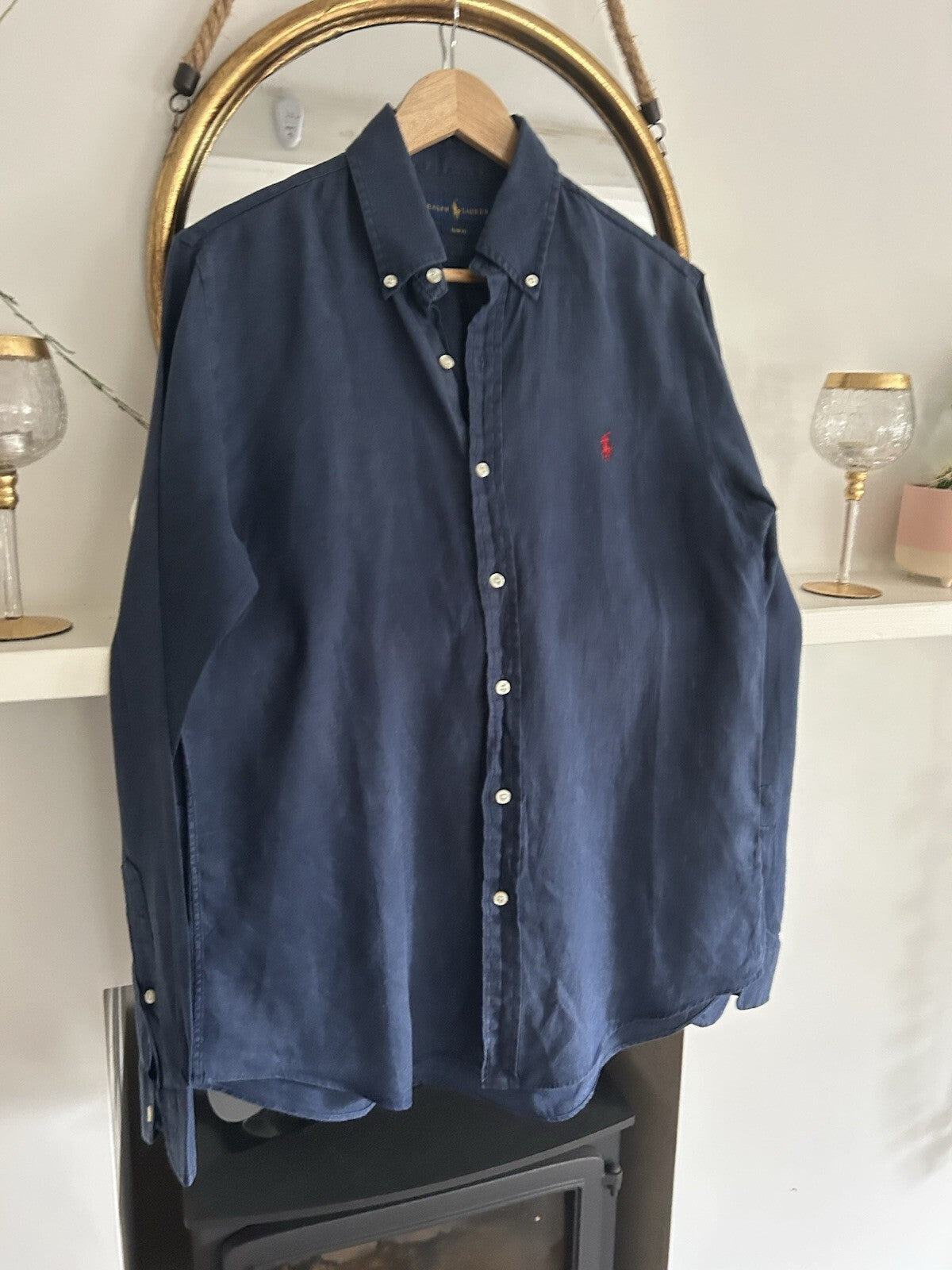 Ralph Lauren 100% Linen Navy Long-Sleeved Shirt, Size M- Slim Fit