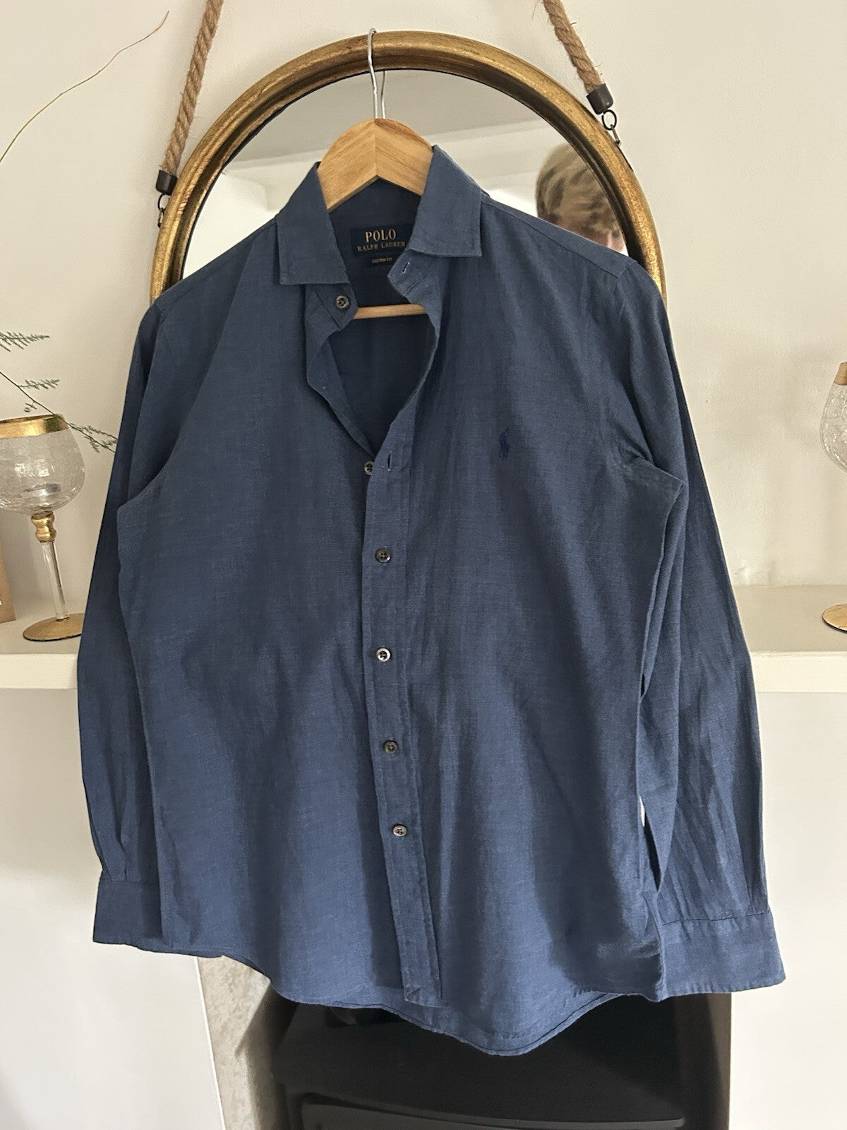 Polo Ralph Lauren Mens XS Blue Heathered Twill Shirt Mother of Pearl Custom Fit