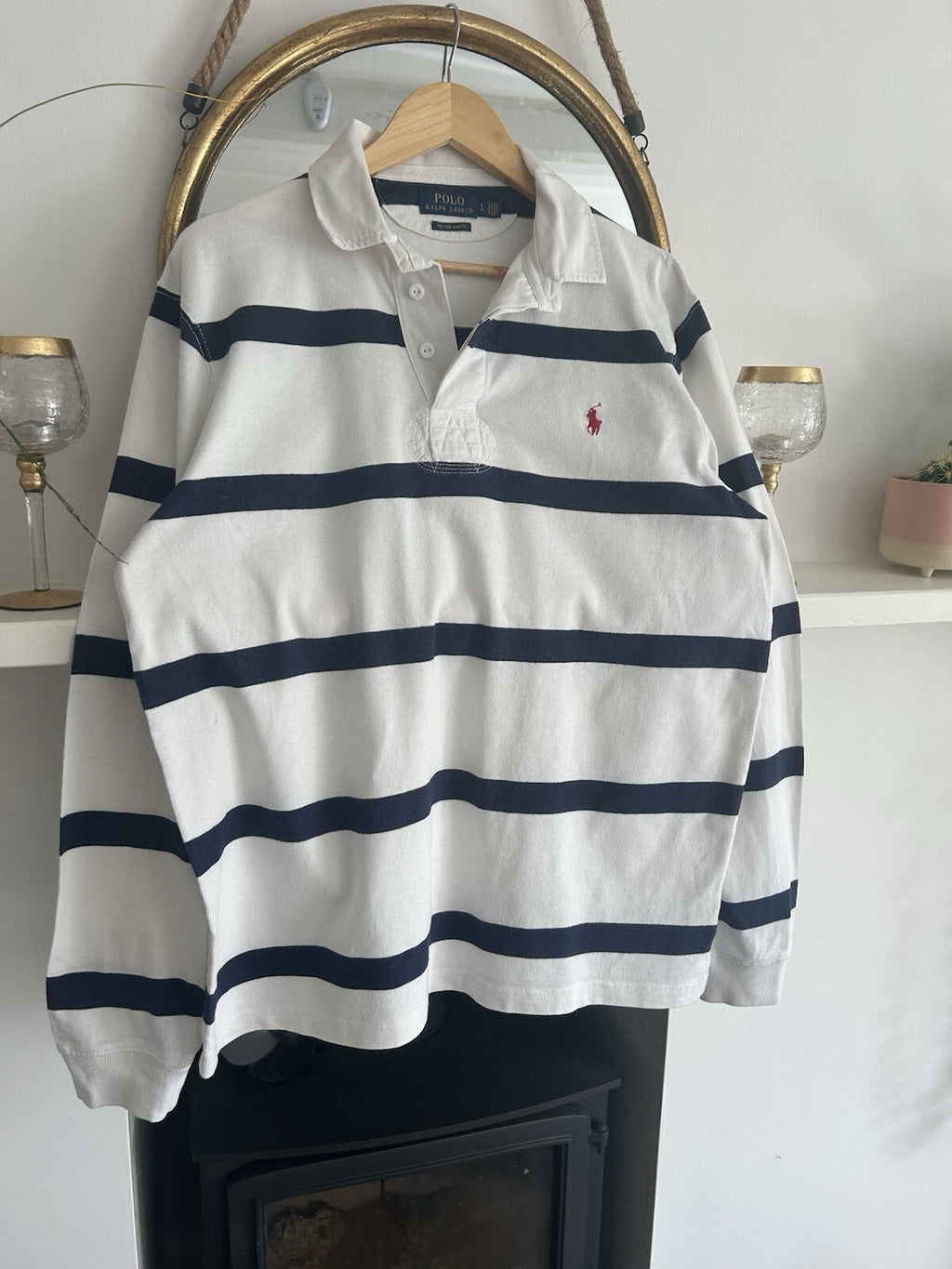 Ralph Lauren Navy And White Striped Rugby Shirt, Size L - Slim Fit