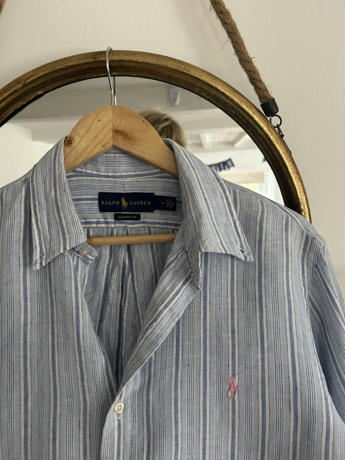 Ralph Lauren 100% Linen Blue And White Striped Long-Sleeved Shirt, Size M