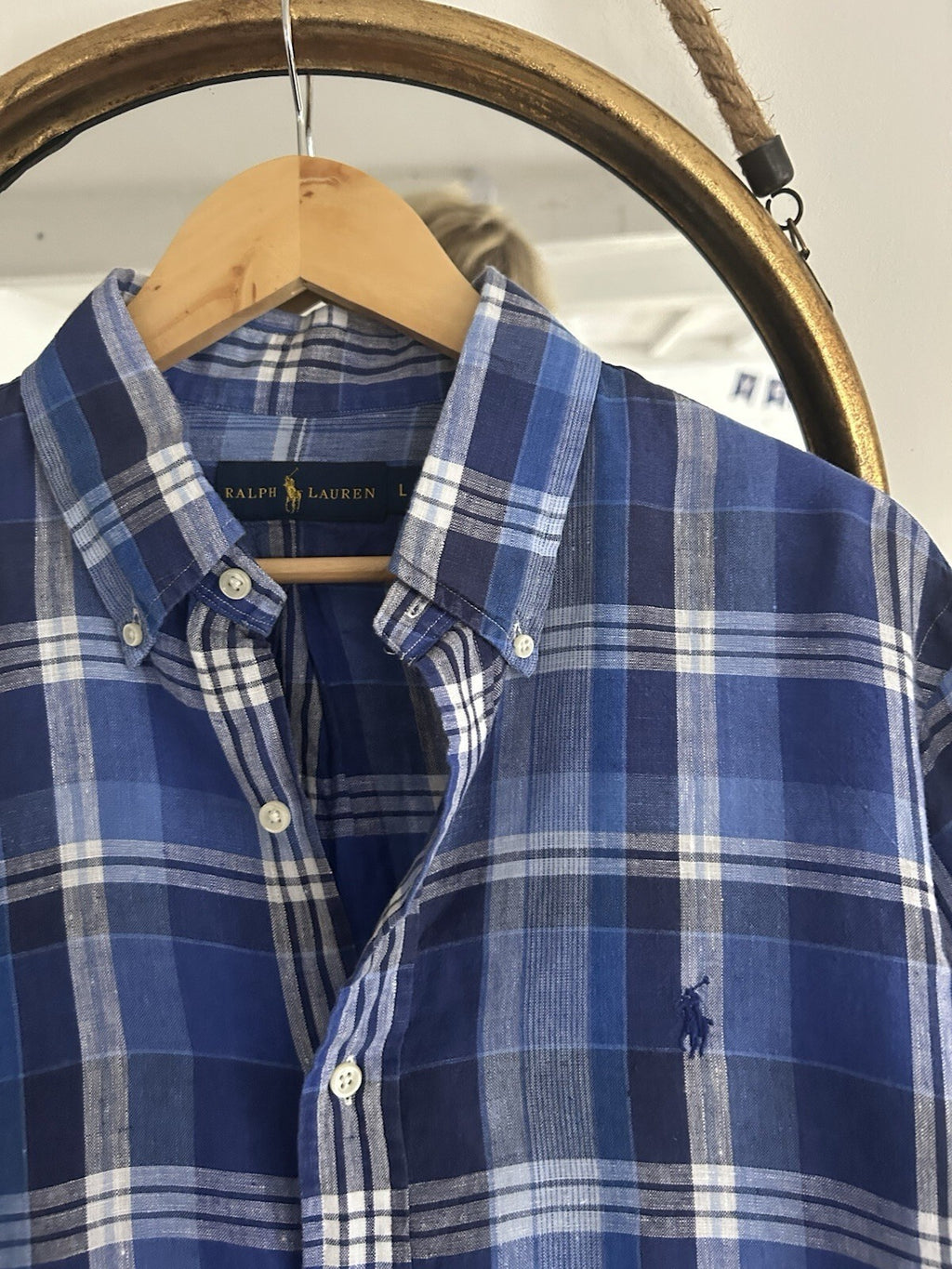Ralph Lauren 100% Linen Navy And White Check Long-Sleeved Shirt, Size L