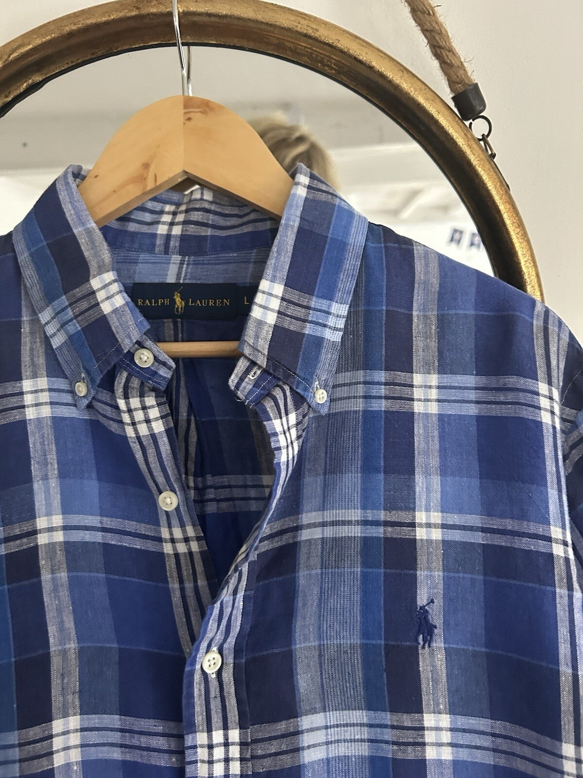 Ralph Lauren 100% Linen Navy And White Check Long-Sleeved Shirt, Size L