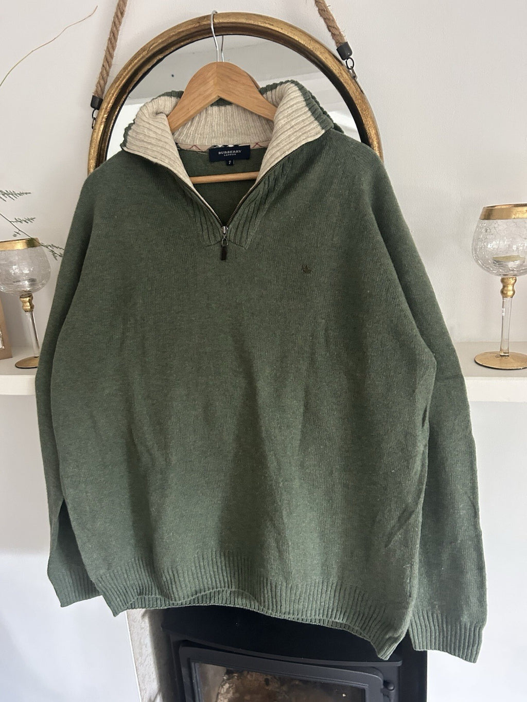 Burberry London Green 100% Lambswool Quarter Zip Jumper Nova Check Size 7 (XL)
