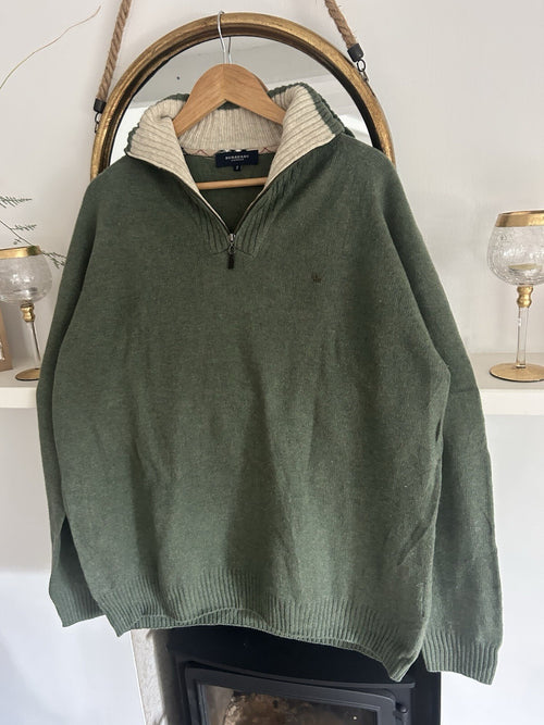 Burberry London Green 100% Lambswool Quarter Zip Jumper Nova Check Size 7 (XL)