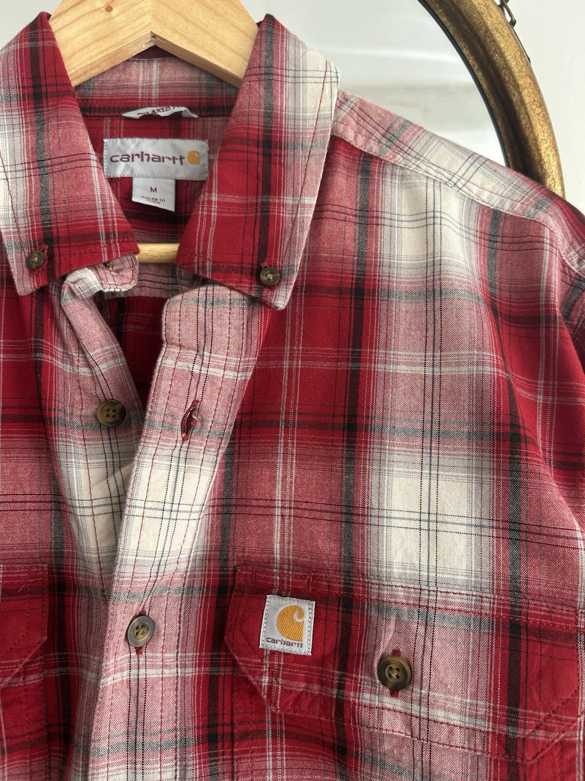 Carhartt Red And White Checked Heavyweight Cotton Shirt, Size M - Relaxed Fit