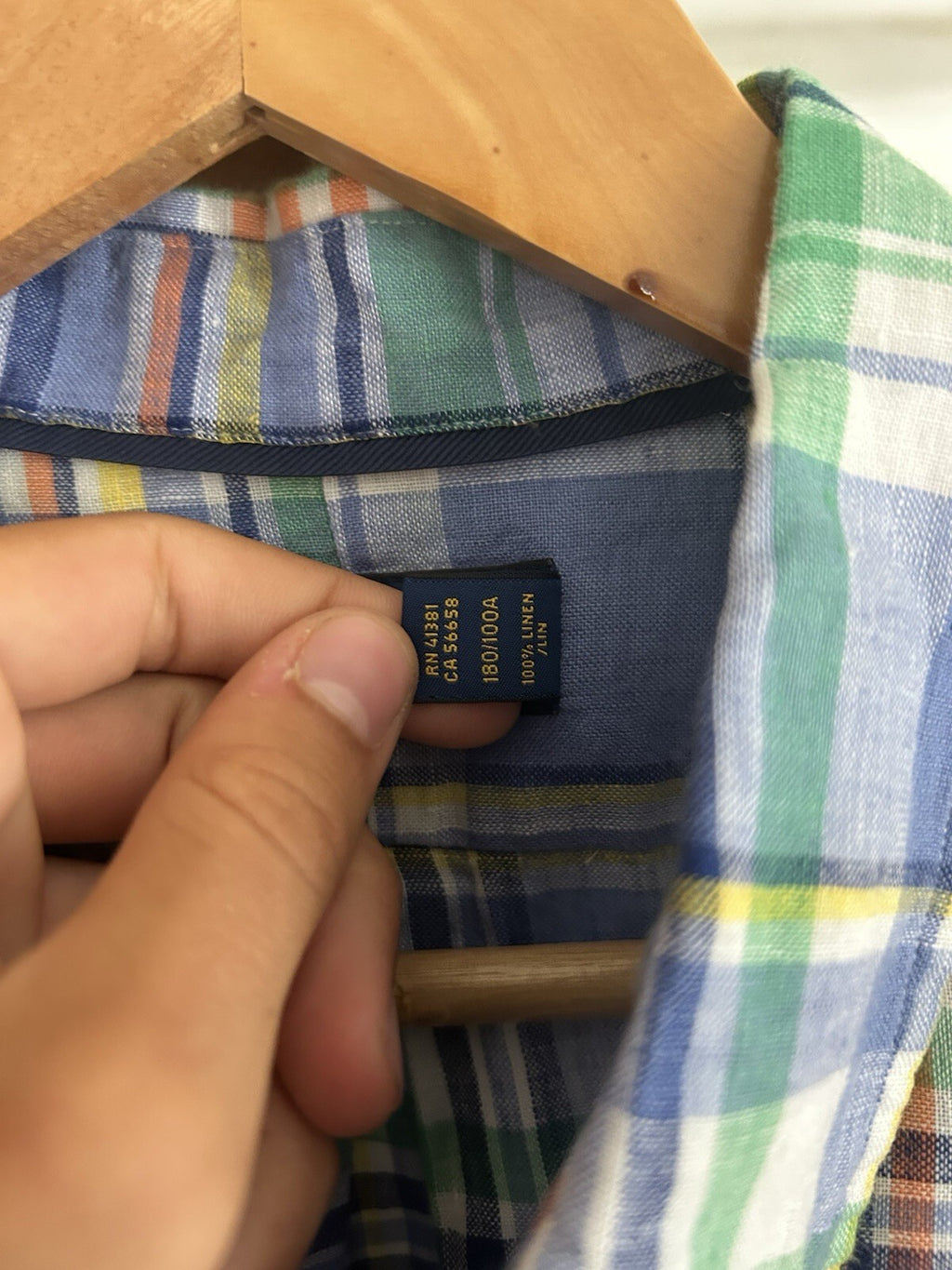 Ralph Lauren 100% Linen Blue Check Enclosed Pocket Long-Sleeved Shirt, Size L