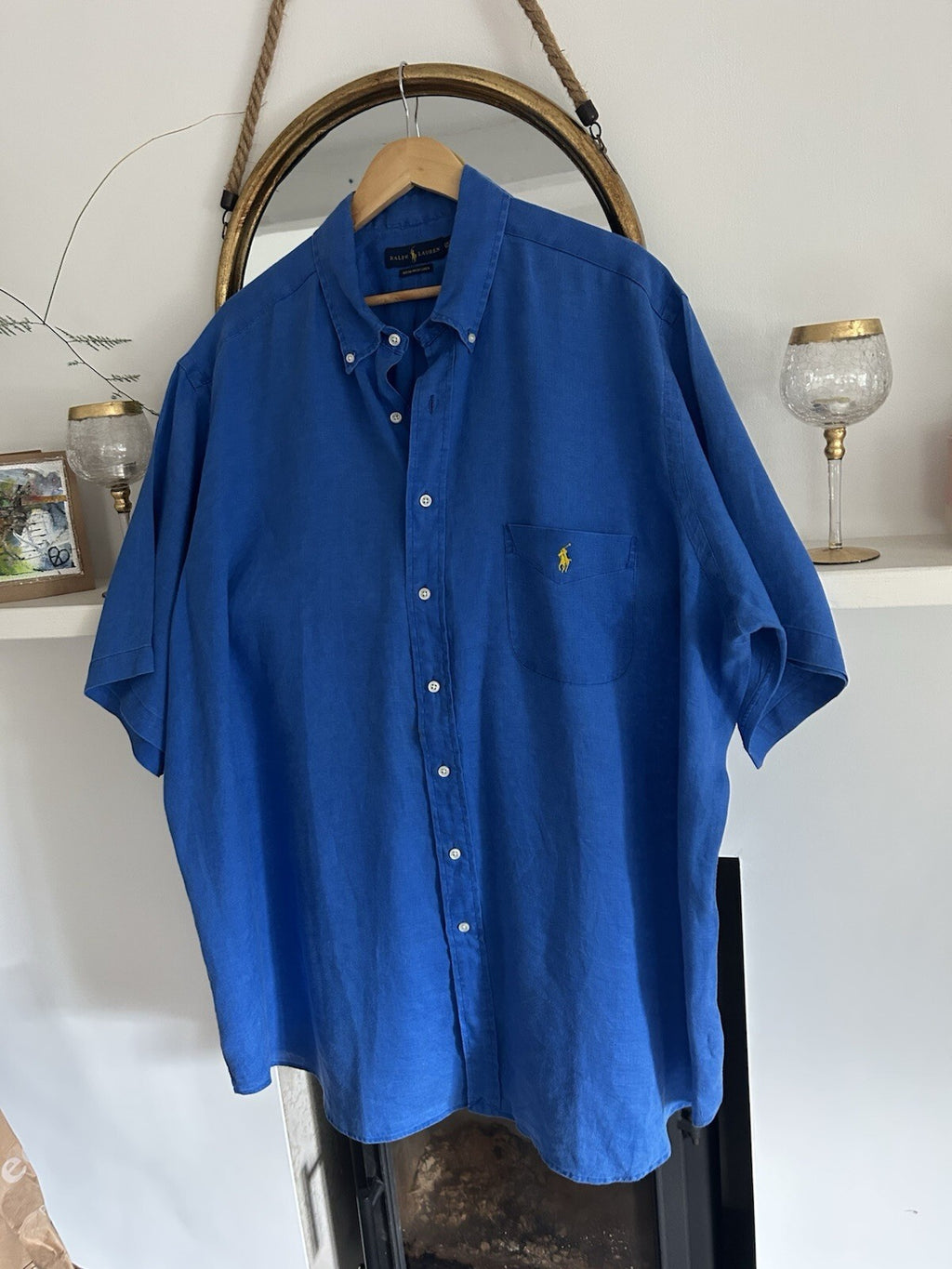 Ralph Lauren 100% Linen Solid Blue Short-Sleeved Shirt, Size 2XL Tall