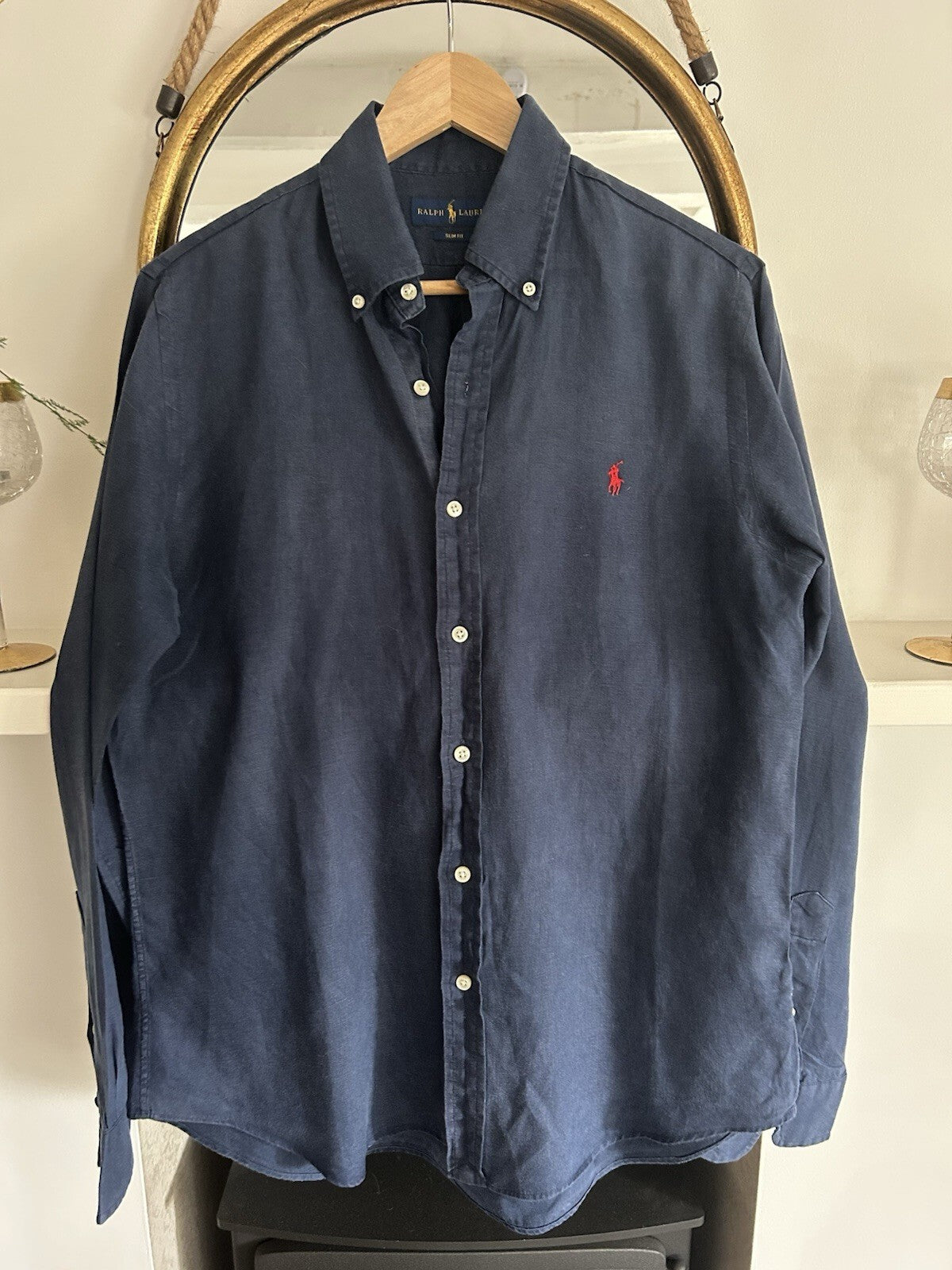 Ralph Lauren 100% Linen Navy Long-Sleeved Shirt, Size M- Slim Fit