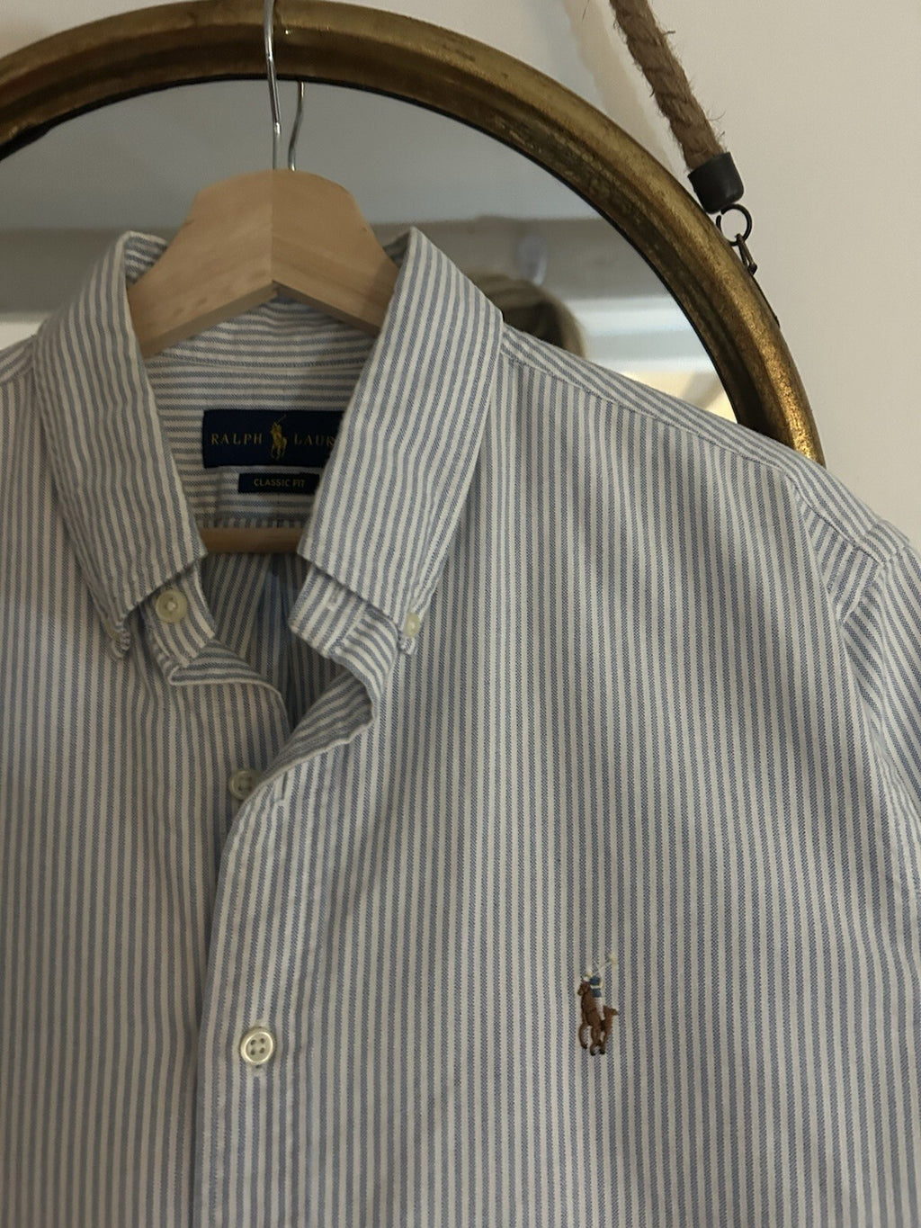 Ralph Lauren Light Blue And White Pin-Striped Short-Sleeved Shirt, Size L