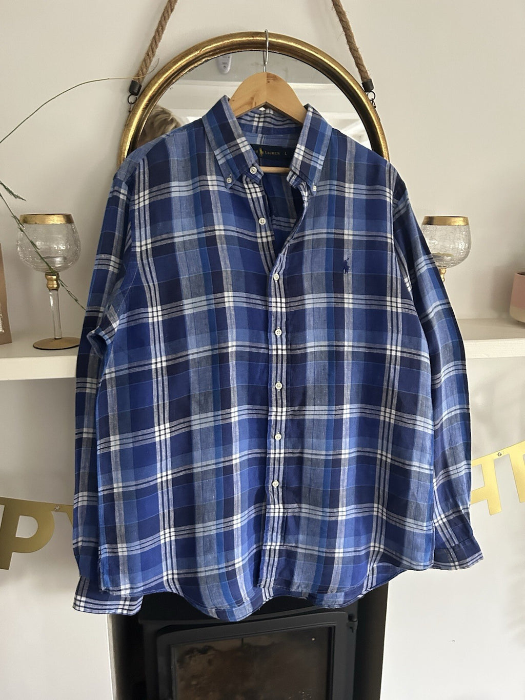 Ralph Lauren 100% Linen Navy And White Check Long-Sleeved Shirt, Size L