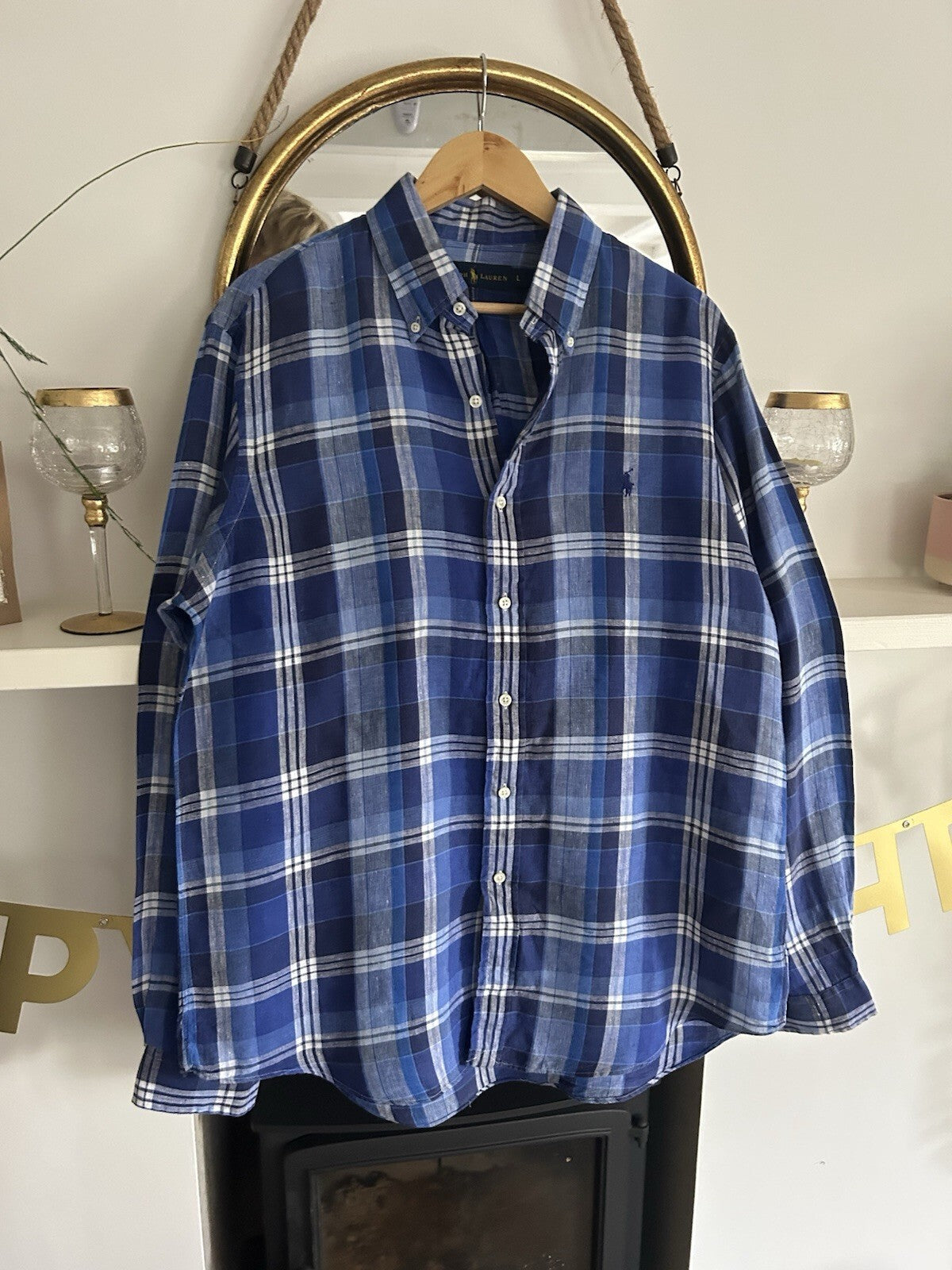 Ralph Lauren 100% Linen Navy And White Check Long-Sleeved Shirt, Size L