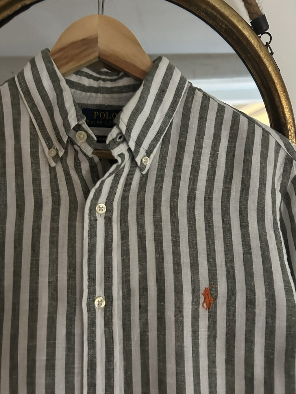 Ralph Lauren 100% Linen Black And White Striped Long-Sleeved Shirt, Size M