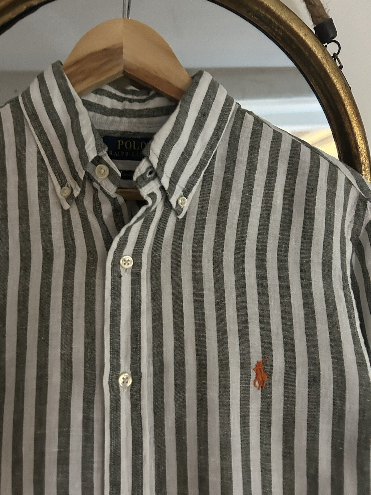 Ralph Lauren 100% Linen Black And White Striped Long-Sleeved Shirt, Size M