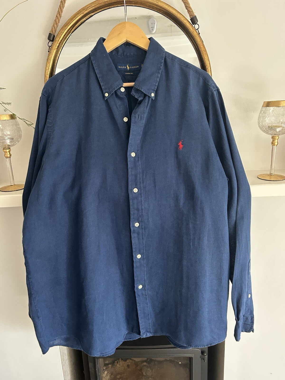 Ralph Lauren 100% Linen Navy Long-Sleeved Shirt, Size XL