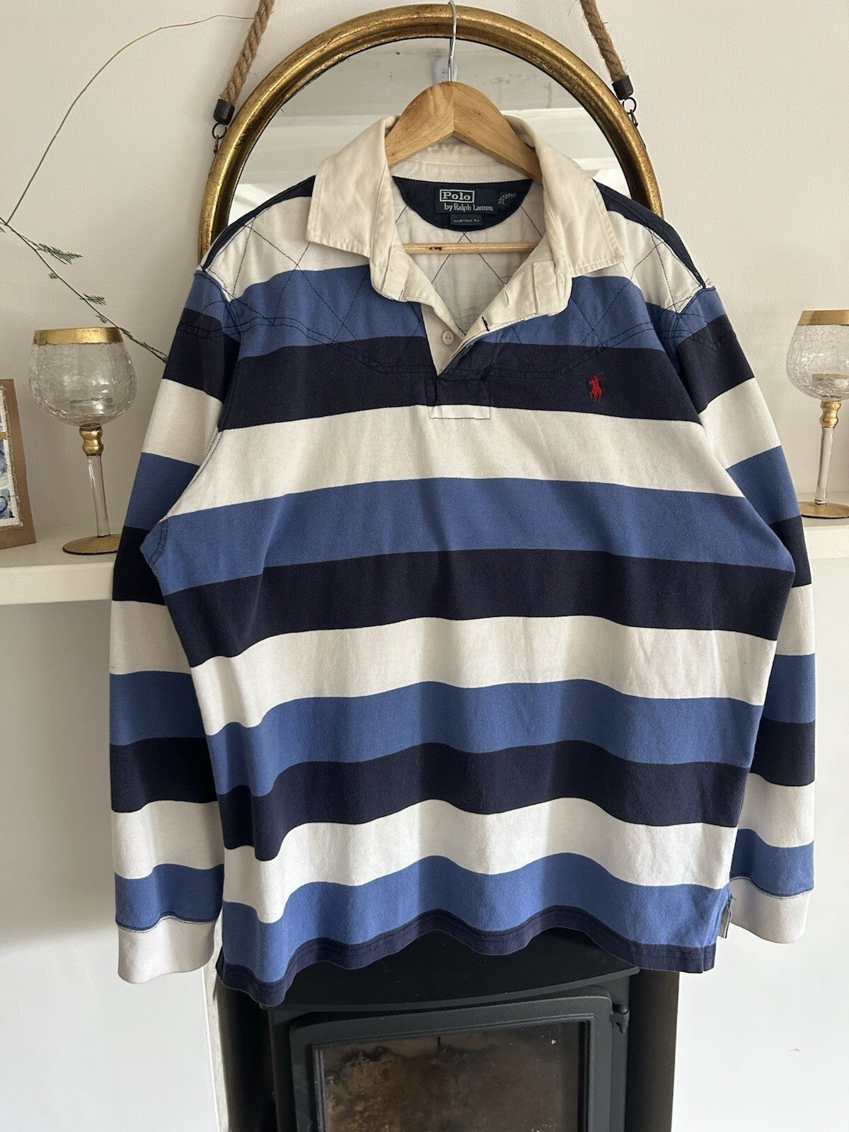 Ralph Lauren Navy Blue And White Striped Rugby Shirt, Size XL