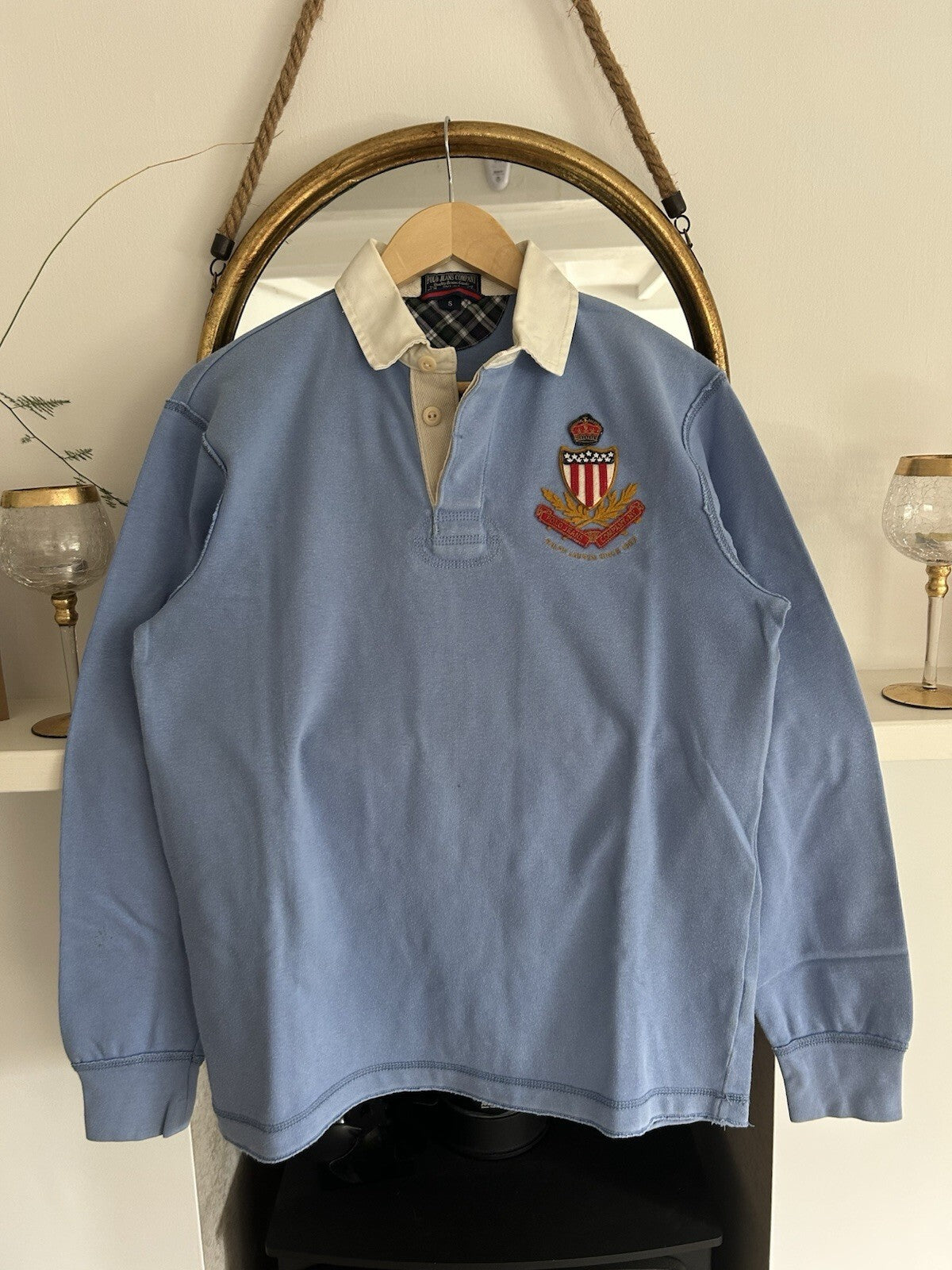 Vintage Polo Ralph Lauren Polo Jeans Rugby Shirt USA Flag Crest Blue Small