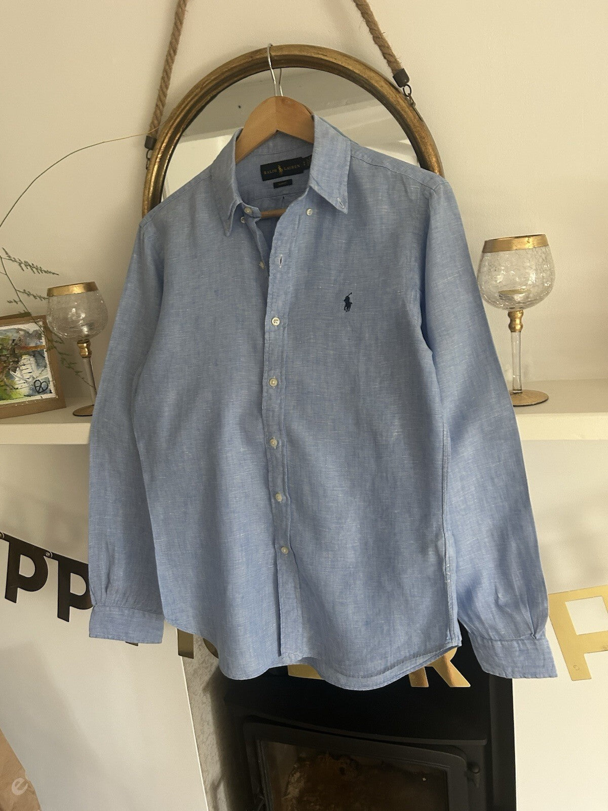 Ralph Lauren 100% Linen Blue Long-Sleeved Shirt, Size S - Slim Fit