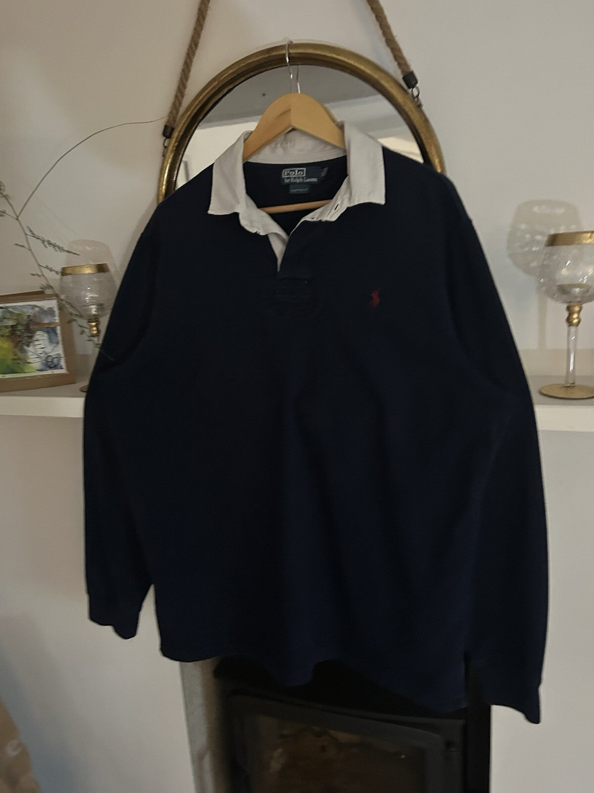 Ralph Lauren Solid Navy, Burgundy Embroidered Rugby Shirt, Size XL