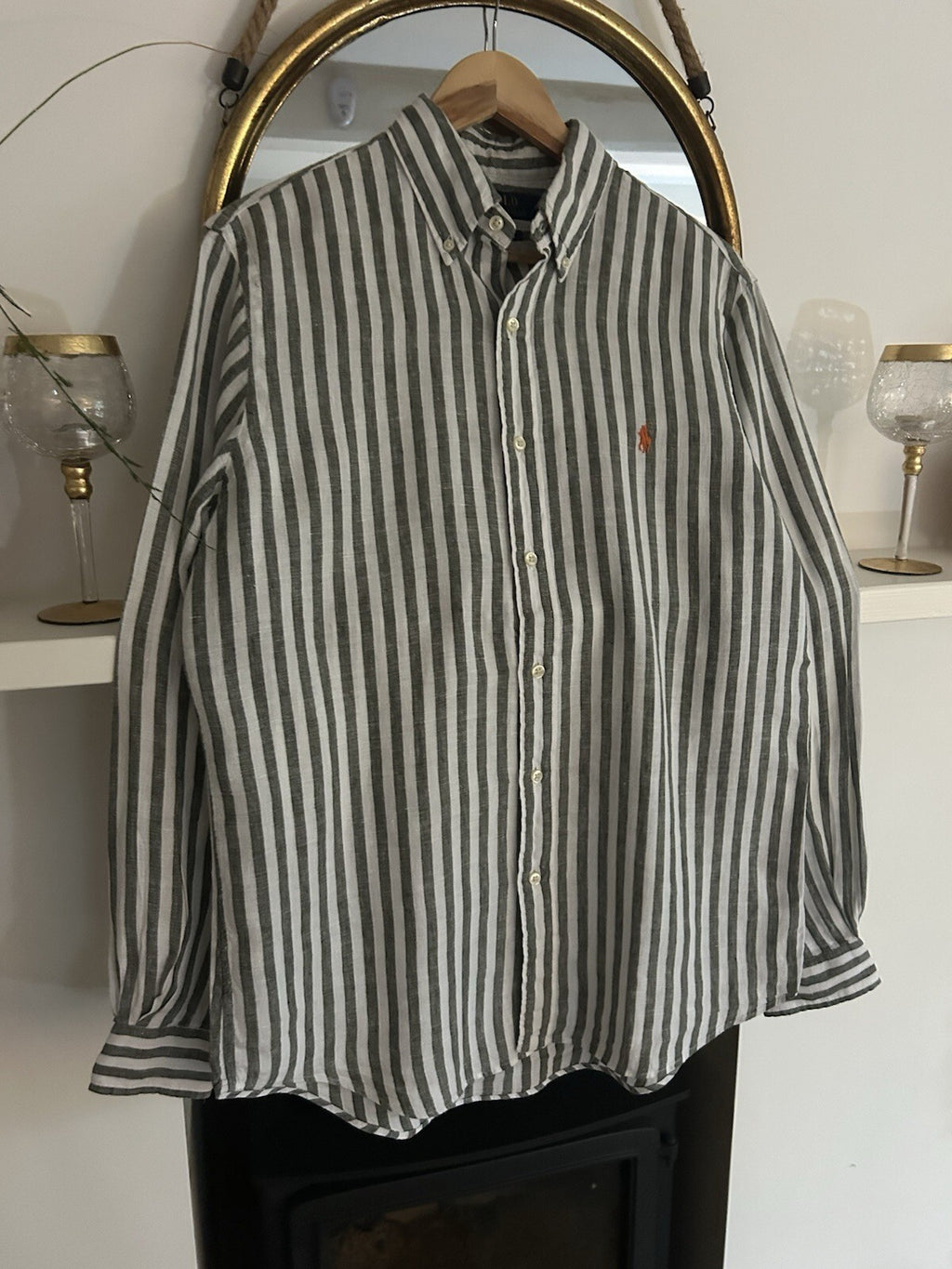 Ralph Lauren 100% Linen Black And White Striped Long-Sleeved Shirt, Size M